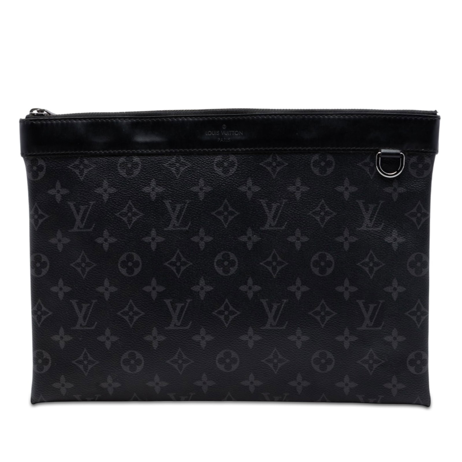 Louis Vuitton Eclipse Discovery Pochette GM Black Coated Canvas: Louis Vuitton Eclipse Discovery Pochette GM Black Coated Canvas The Louis Vuitton Monogram Eclipse Discovery Pochette GM is crafted with a coated canvas body accented by leather trim. It features a to