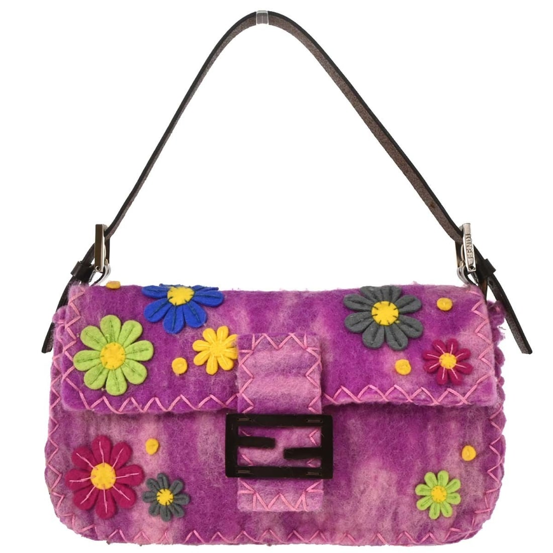 Fendi Baguette Purple Felt Shoulder Bag with Adjustable Strap: Fendi Baguette Purple Felt Shoulder Bag with Adjustable Strap Fendi Baguette handbag in purple felt patchwork with leather trim and silver-tone hardware. This medium shoulder bag features a magnetic c