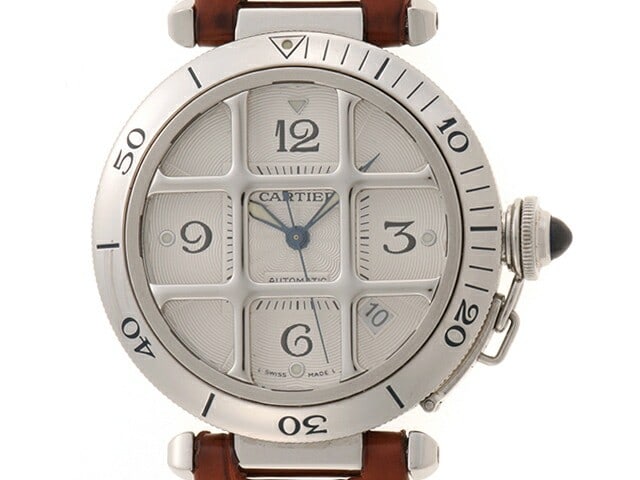 Cartier Pasha Grid Plongeur W31040H3 38mm Automatic Steel Wristwatch: Cartier Pasha Grid Plongeur W31040H3 38mm Automatic Steel Wristwatch Cartier Pasha Grid Plongeur automatic wristwatch in stainless steel, reference W31040H3, with a round case and silver x white/ivory