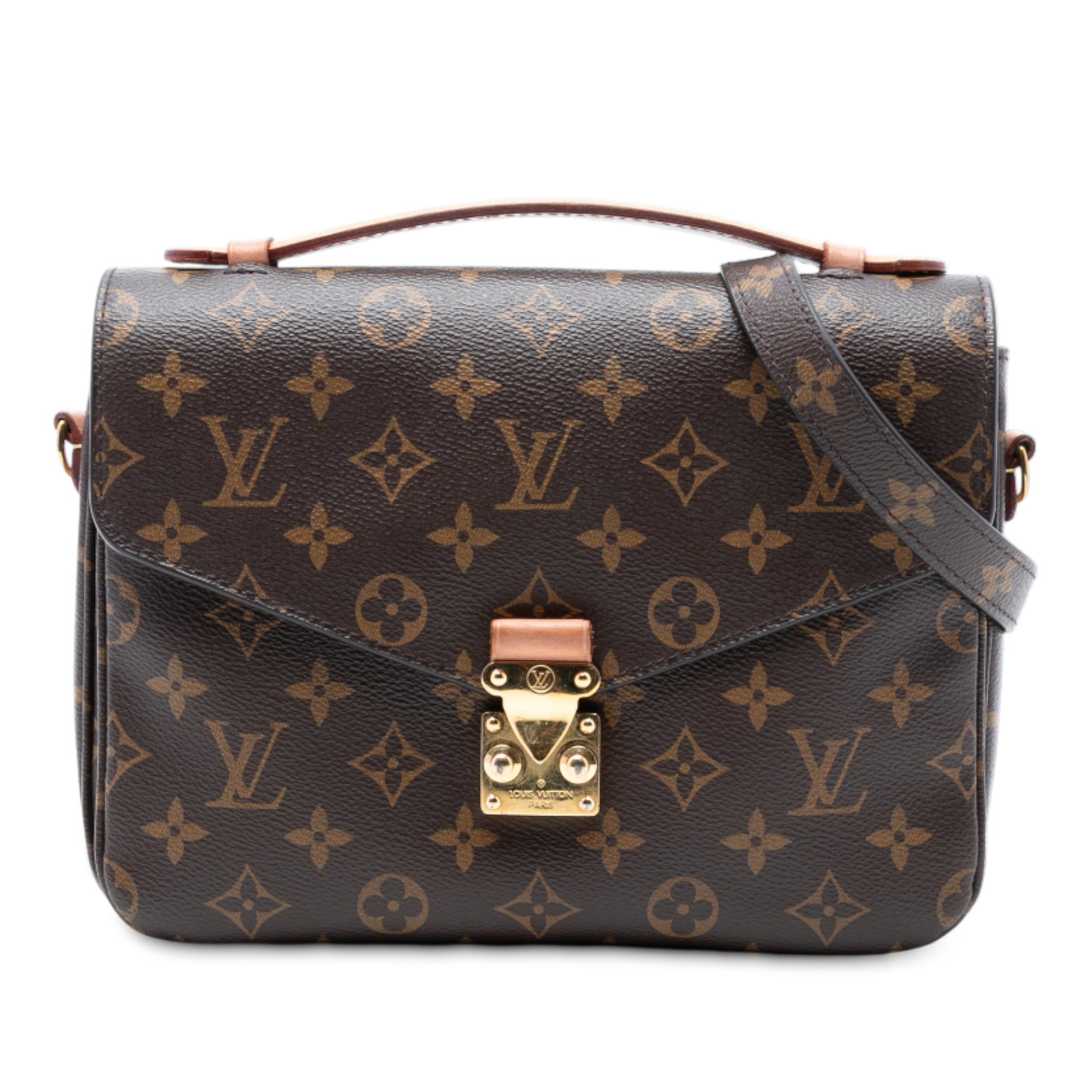 Louis Vuitton Pochette Metis Monogram Canvas Handbag with Shoulder Strap: Louis Vuitton Pochette Metis Monogram Canvas Handbag with Shoulder Strap The Louis Vuitton Monogram Pochette Metis showcases the signature monogram canvas, complemented by a flat vachetta leather top 