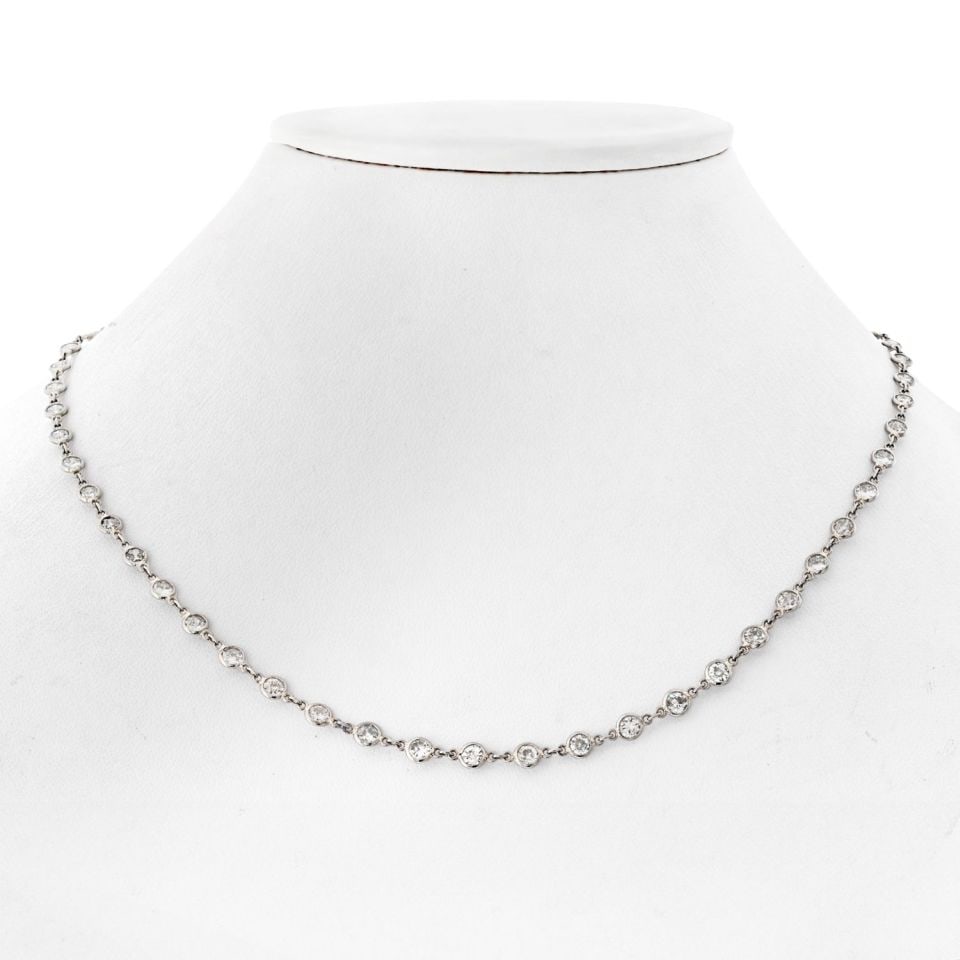 Diamonds by the Yard Platinum Necklace 7.35ct Round 17 Inch: Diamonds by the Yard Platinum Necklace 7.35ct Round 17 Inch This refined necklace features 53 round brilliant cut diamonds with a total weight of approximately 7.35 carats, elegantly set in platinum. 