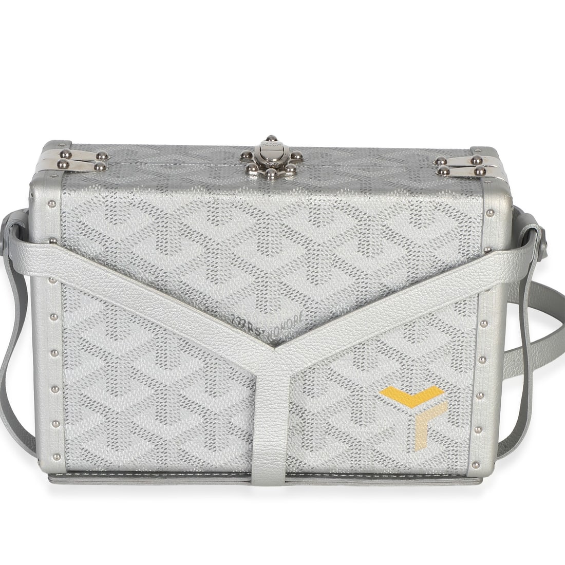 Goyard Minaudiere Trunk Silver Goyardine Canvas Shoulder Bag: Goyard Minaudiere Trunk Silver Goyardine Canvas Shoulder Bag A pre-owned unisex minaudiere trunk from Goyard, made in France and finished in silver Goyardine canvas with silver-tone hardware. It featu
