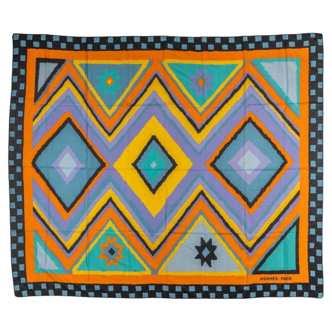 Hermes Multicolor Geometric Cotton Beach Sarong 60 x 68 Inches: Hermes Multicolor Geometric Cotton Beach Sarong 60 x 68 Inches Elevate your beachwear with this stunning Hermes Geometric Cotton Beach Sarong. This vibrant multicolor sarong features a contemporary ge