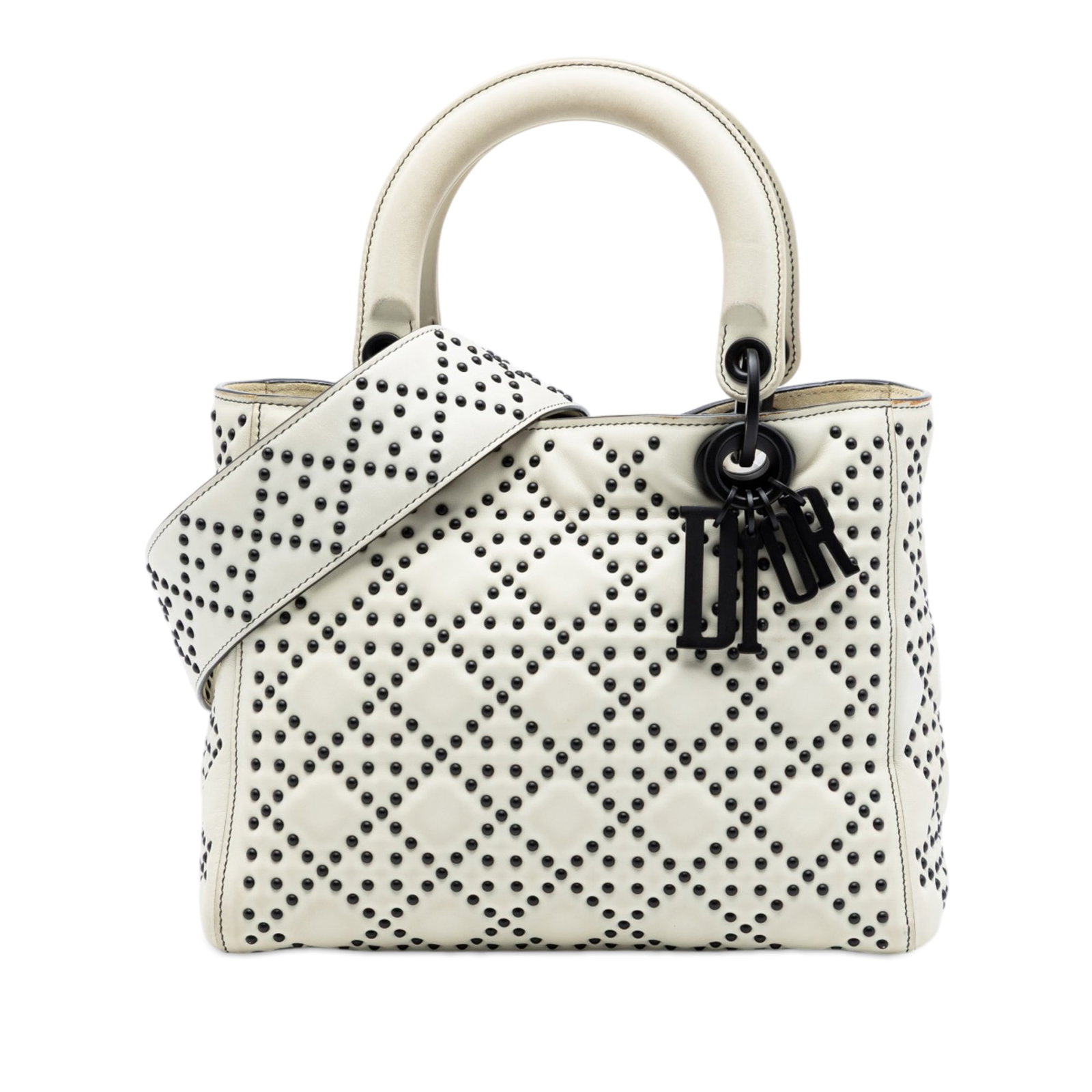 Dior Lady Dior Medium White Lambskin Studded Bag: Dior Lady Dior Medium White Lambskin Studded Bag This Medium Lambskin Cannage Studded Supple Lady Dior bag features a studded leather exterior with flat leather handles and a detachable flat strap. Th