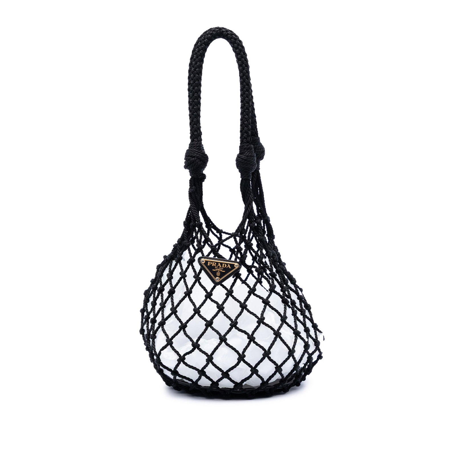 Black Mesh Bucket Bag with Leather Trim by Prada: Black Mesh Bucket Bag with Leather Trim by Prada This Prada bucket bag features a mesh body with leather trim, braided handles, and an open top design. The bag is black and crafted in Italy. Notable d