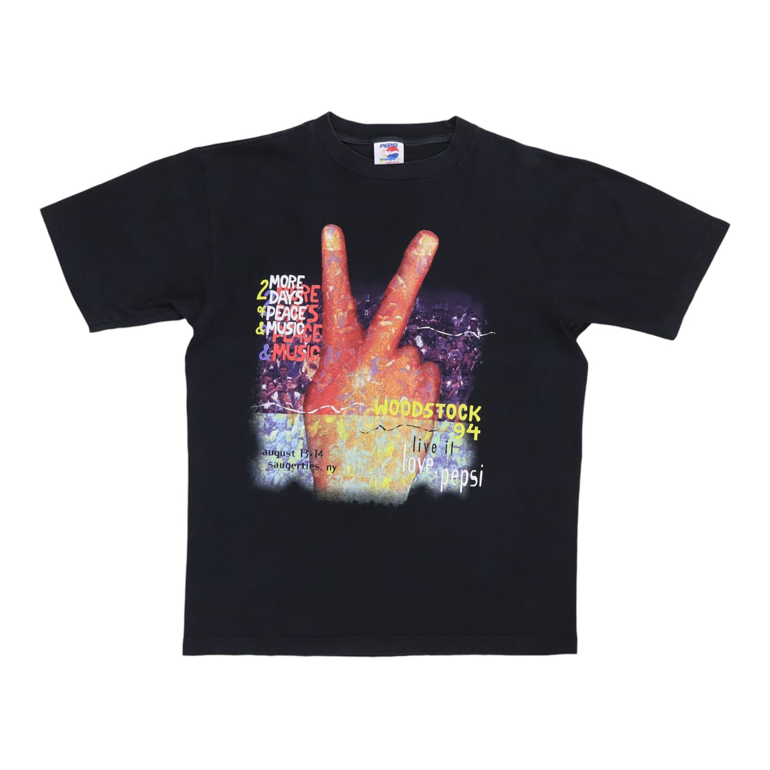 Vintage 1994 Woodstock Live It Love It Black Cotton T-Shirt: Vintage 1994 Woodstock Live It Love It Black Cotton T-Shirt This is an original vintage 1994 Woodstock "Live It Love It" shirt, featuring graphics on both the front and back. The shirt is made from 10