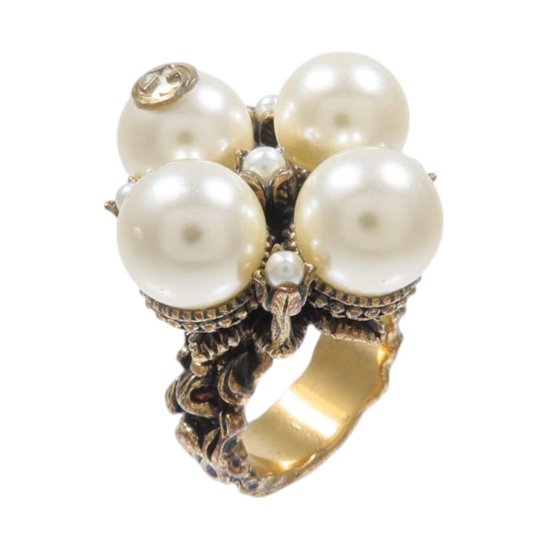 GUCCI GG Interlocking PVC Metal Ring White Gold Tone Size 5: GUCCI GG Interlocking PVC Metal Ring White Gold Tone Size 5 Gucci GG Interlocking ring in gold and white, made from metal and PVC. It is a US size 5 ring with a width of approximately 7-8 mm. Conditio