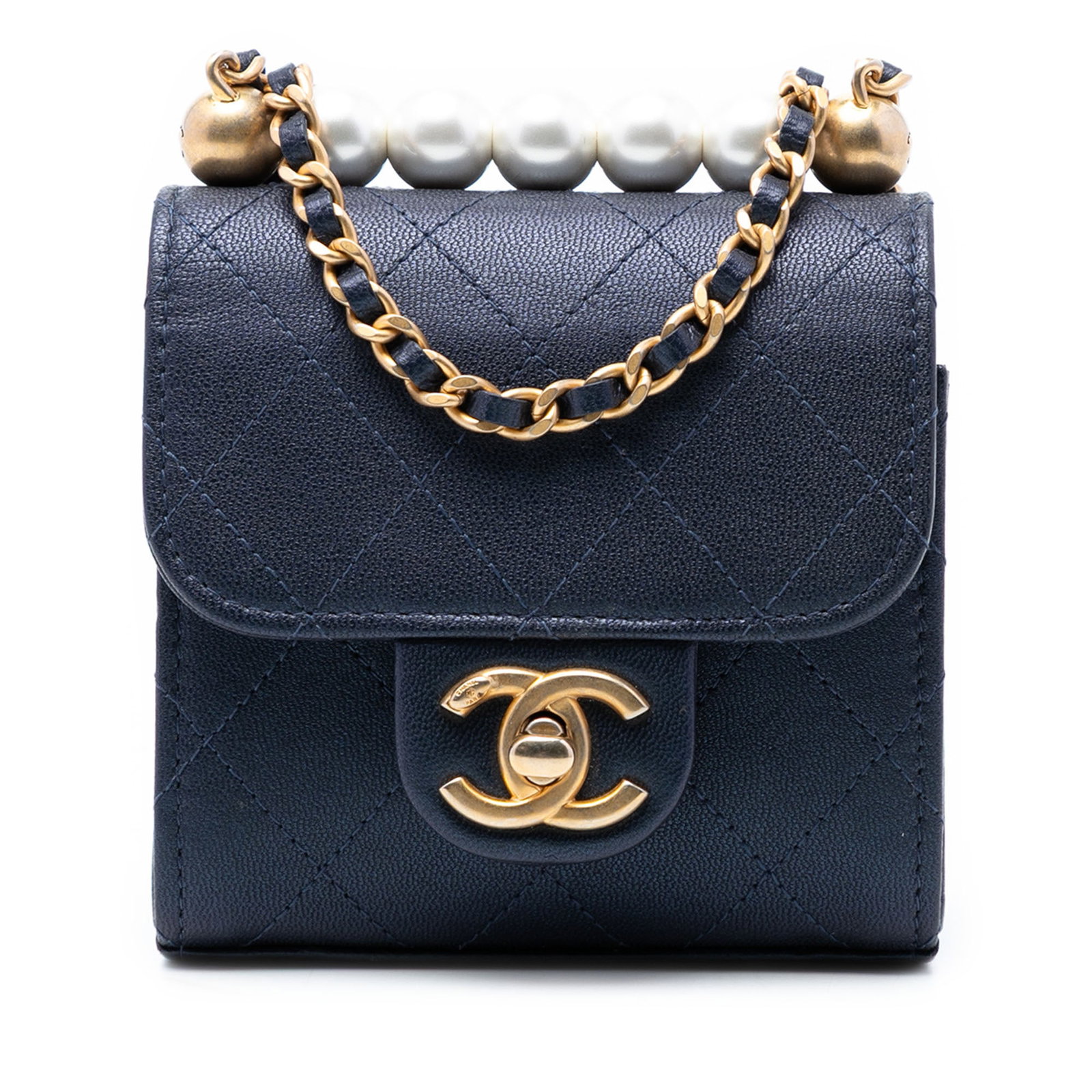 Blue Chanel Mini Vertical Clutch with Faux Pearl Detail and Chain Strap: Blue Chanel Mini Vertical Clutch with Faux Pearl Detail and Chain Strap This Chanel Mini Quilted Goatskin Vertical Chic Pearls Flap Clutch With Chain is crafted from blue quilted goatskin leather and 