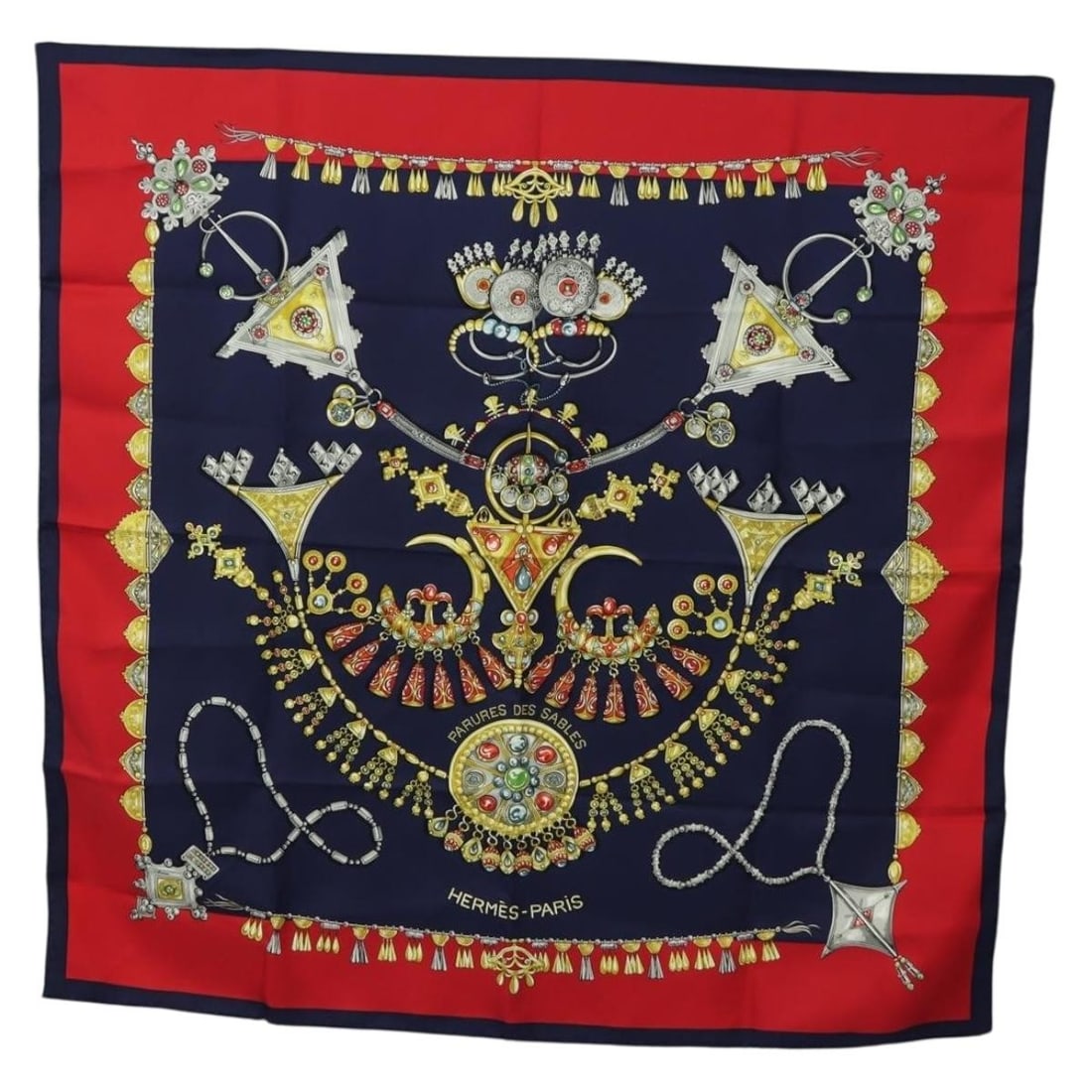 Hermes Parures des Sables Silk Scarf 90 Navy with Box: Hermes Parures des Sables Silk Scarf 90 Navy with Box Hermes Carre 90 scarf in navy silk, titled "Parures des Sables." It comes with the item box and was made in France. Condition is rated A, with sli