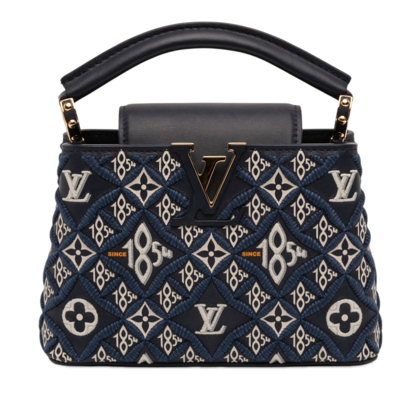 Louis Vuitton Capucines BB Embroidered Leather Bag Monogram Since 1854 Blue: Louis Vuitton Capucines BB Embroidered Leather Bag Monogram Since 1854 Blue This Louis Vuitton Monogram Since 1854 Capucines BB features an embroidered leather body in blue, a rolled top handle, a top