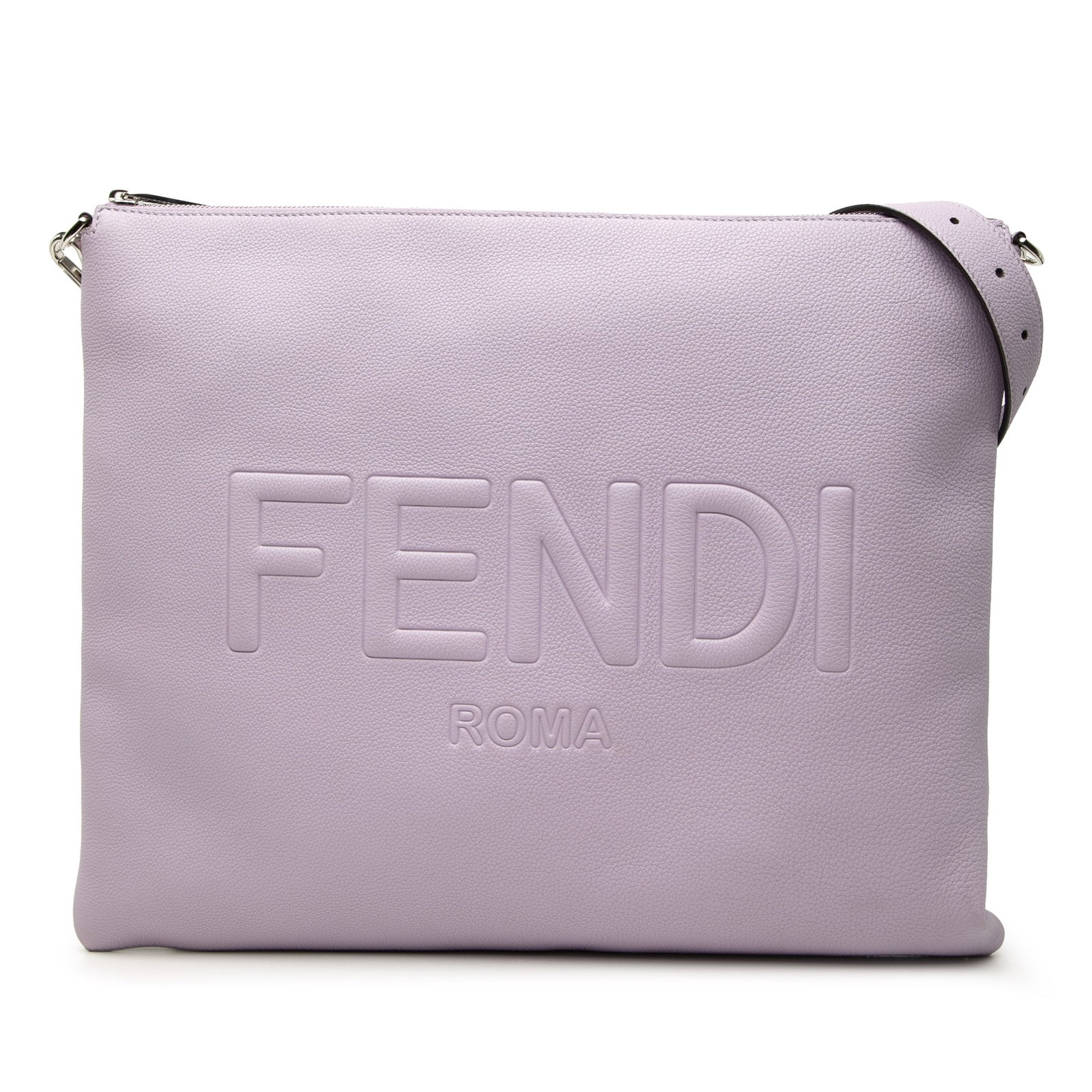 Fendi Roma Flat Messenger Crossbody Bag in Purple Leather: Fendi Roma Flat Messenger Crossbody Bag in Purple Leather Fendi Calfskin Roma Flat Messenger Bag crossbody bag in purple leather, made in Italy. It features an adjustable flat leather shoulder strap a