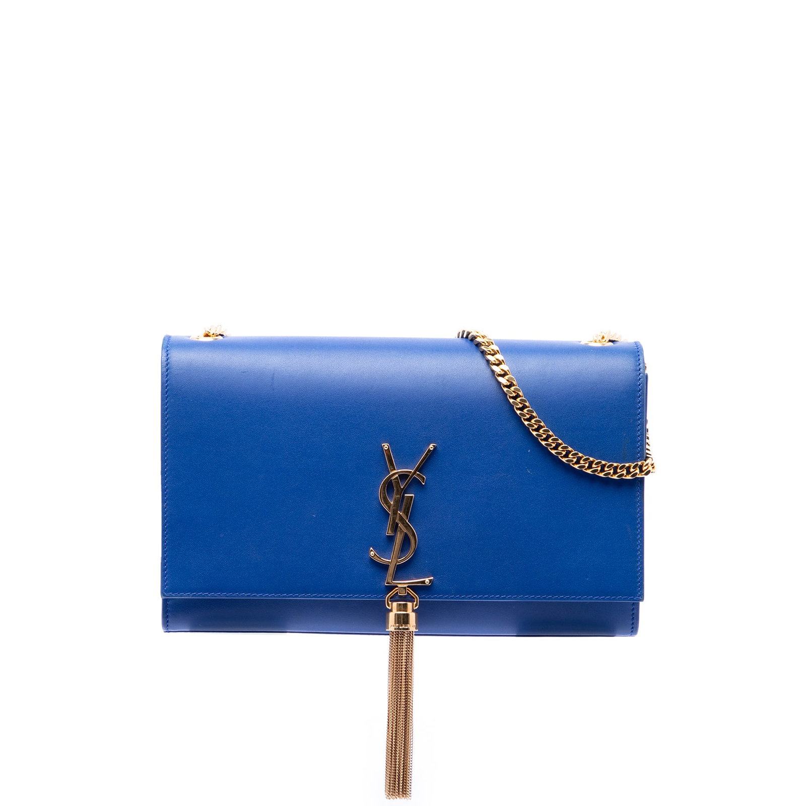 Saint Laurent Kate Medium Blue Leather Tassel Crossbody Bag: Saint Laurent Kate Medium Blue Leather Tassel Crossbody Bag Saint Laurent Medium Smooth Calfskin Monogram Kate Tassel Crossbody in blue leather, made in Italy. This bag features a leather body with a 