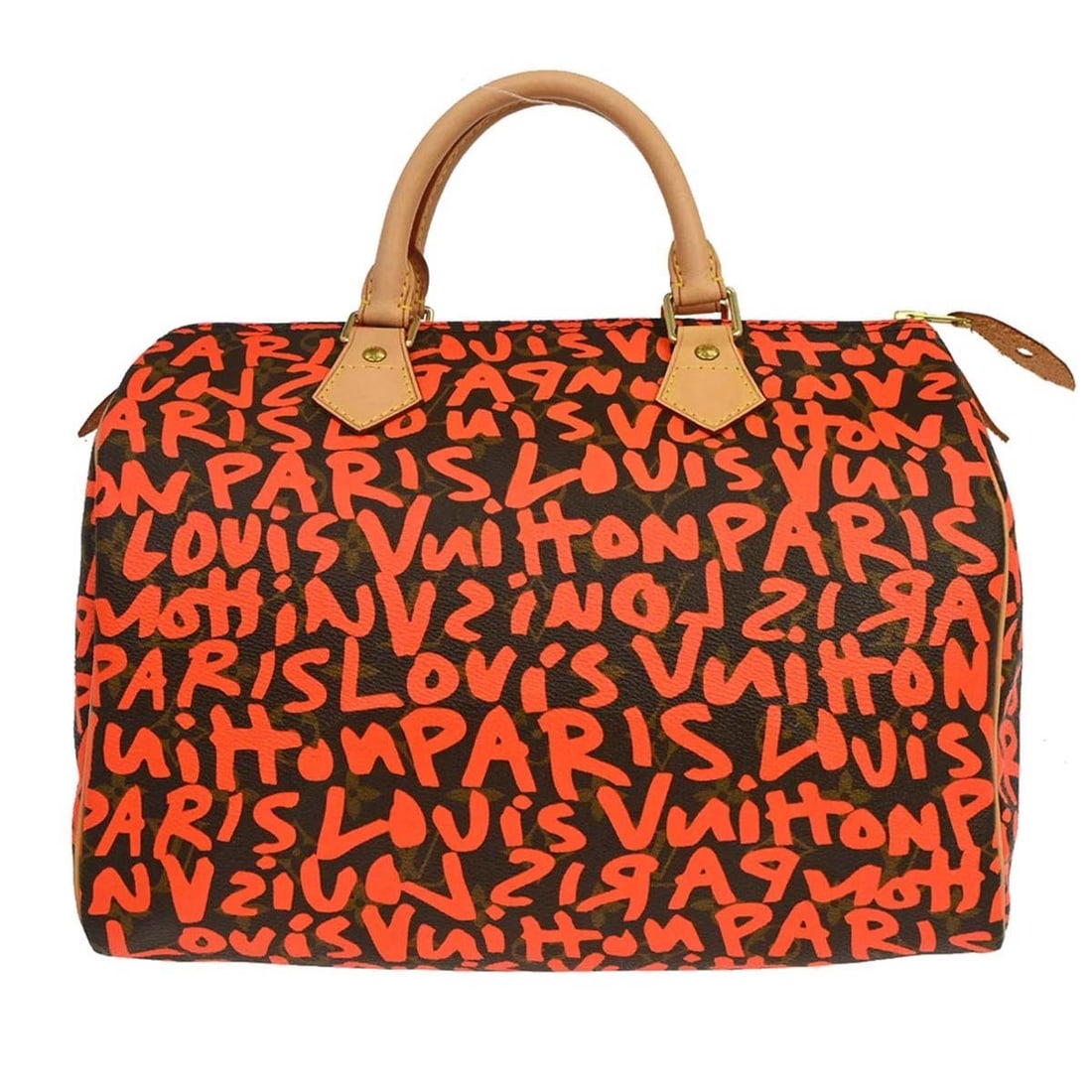 Louis Vuitton Speedy 30 Orange Graffiti Monogram Duffle Bag M93705: Louis Vuitton Speedy 30 Orange Graffiti Monogram Duffle Bag M93705 Louis Vuitton Speedy 30 handbag in orange Monogram Graffiti canvas with leather trim. This women's duffle-style bag features a zip cl