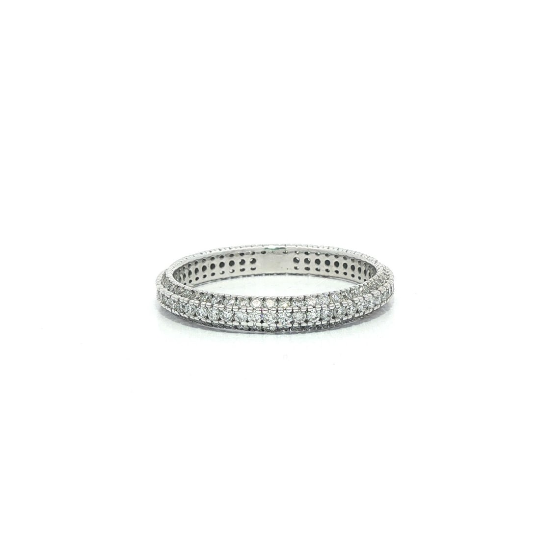 18k White Gold 1.05ctw Pave Diamond Eternity Stackable Band Ring: 18k White Gold 1.05ctw Pave Diamond Eternity Stackable Band Ring This stunning eternity band ring features three rows of pave set natural diamonds, showcasing approximately 1.05 carats of brilliant wh