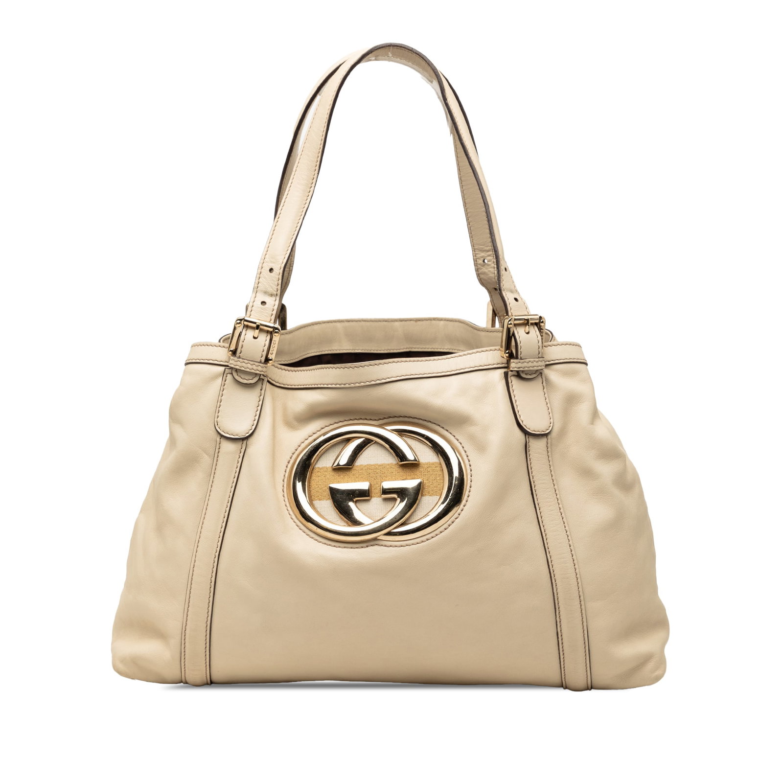 Gucci Britt Tote Calfskin Leather Brown Bag: Gucci Britt Tote Calfskin Leather Brown Bag This Gucci Calfskin Dialux Britt Tote features a brown leather body with flat straps and an open top secured by a snap button strap closure. The interior is