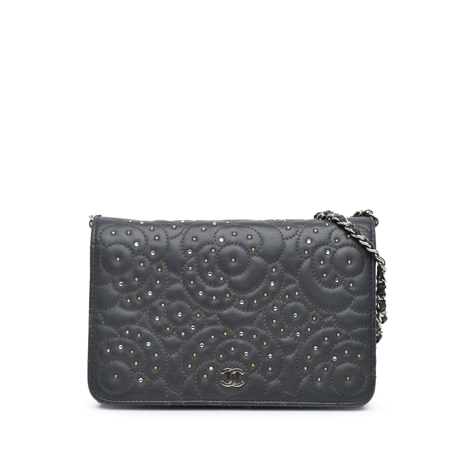 Chanel Camellia Wallet On Chain Black Studded Lambskin Crossbody Bag: Chanel Camellia Wallet On Chain Black Studded Lambskin Crossbody Bag This Chanel CC Studded Lambskin Camellia Wallet On Chain features a quilted and studded lambskin leather exterior in black, complem