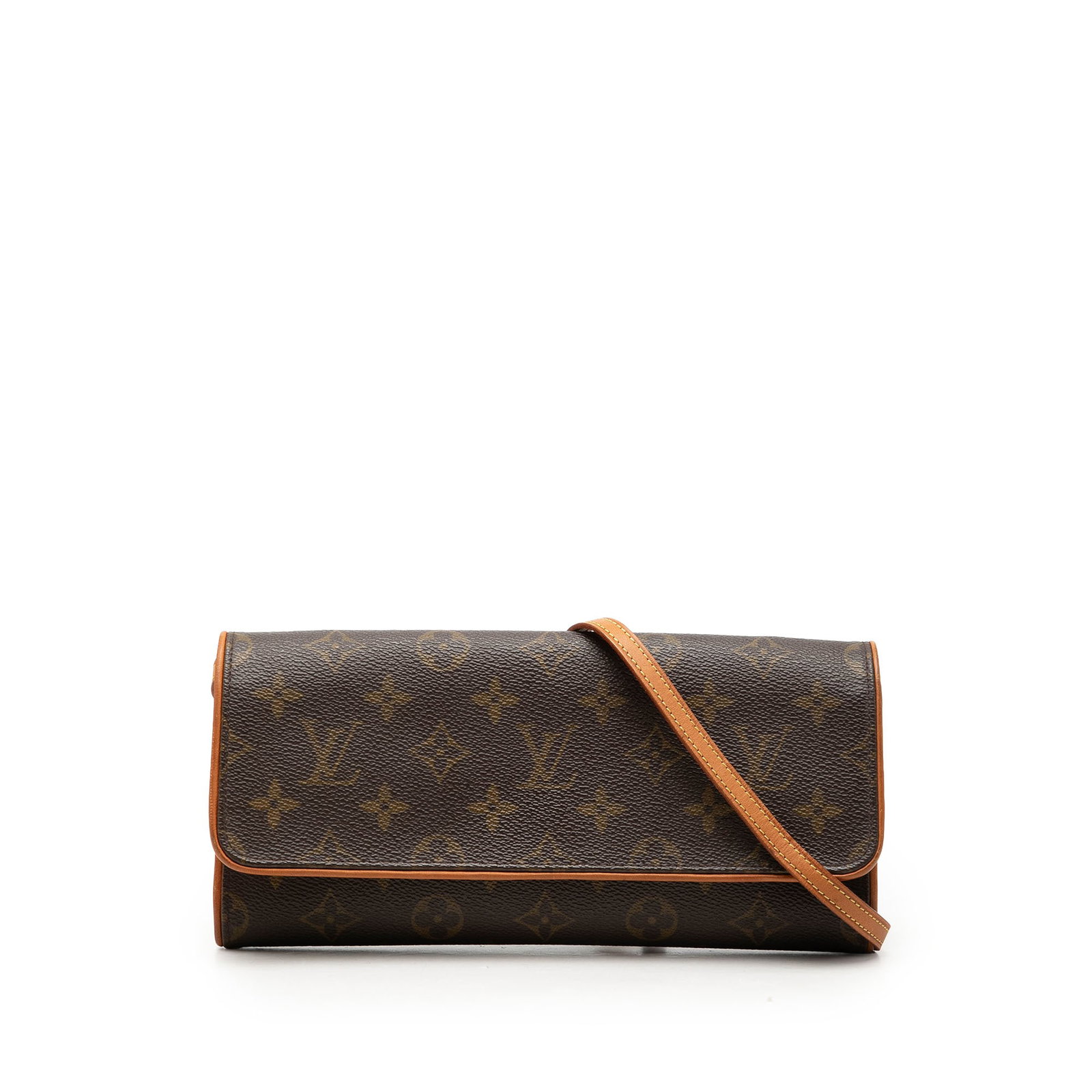Louis Vuitton Pochette Twin GM Monogram Shoulder Bag: Louis Vuitton Pochette Twin GM Monogram Shoulder Bag Louis Vuitton Monogram Pochette Twin GM bag in monogram canvas with vachetta leather trim and a flat vachetta leather strap. It features a front fl
