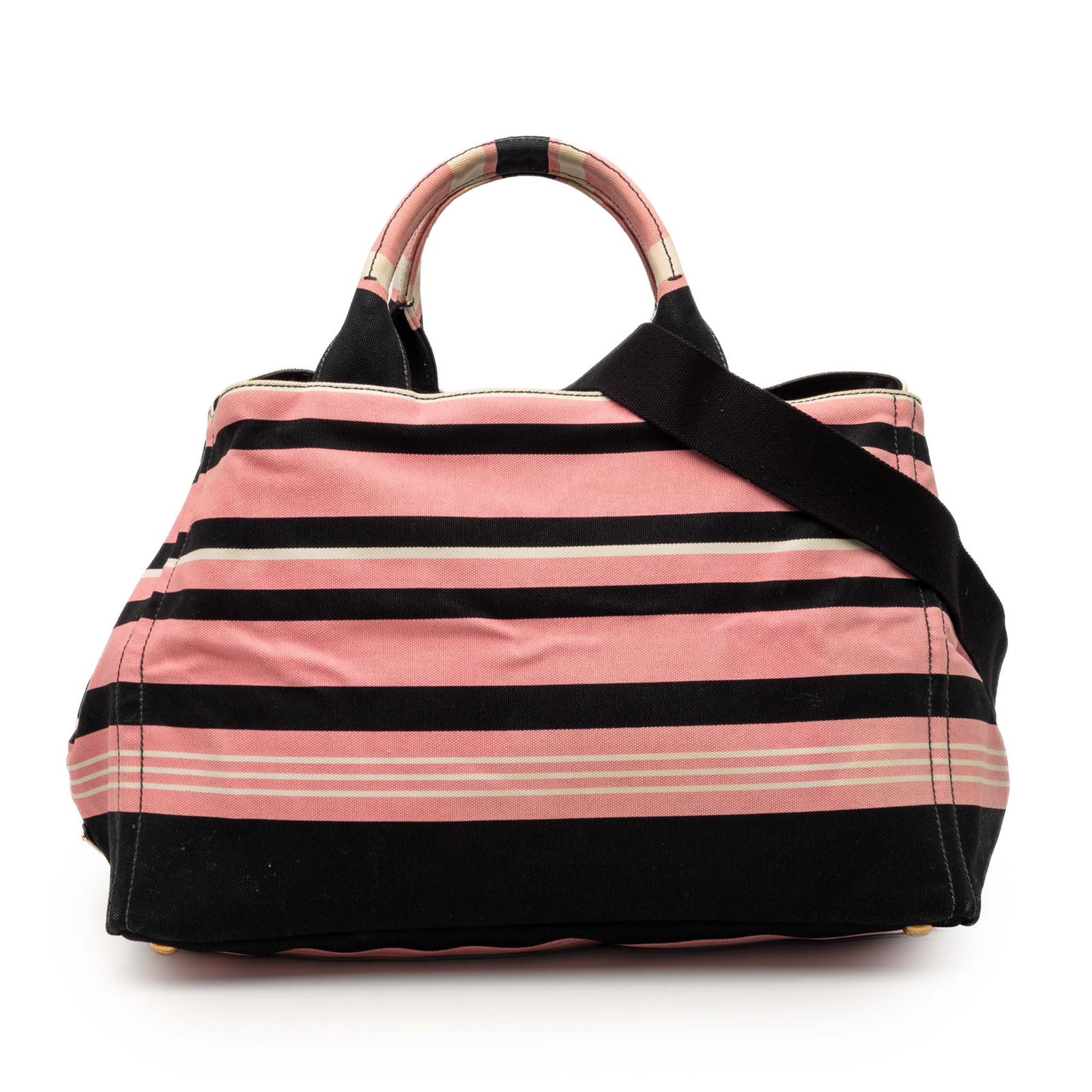 Prada Canapa Righe Pink Striped Canvas Large Satchel with Detachable Strap: Prada Canapa Righe Pink Striped Canvas Large Satchel with Detachable Strap This Prada Large Canvas Canapa Righe Striped Satchel features a striped canvas body in pink, flat top handles, a detachable f