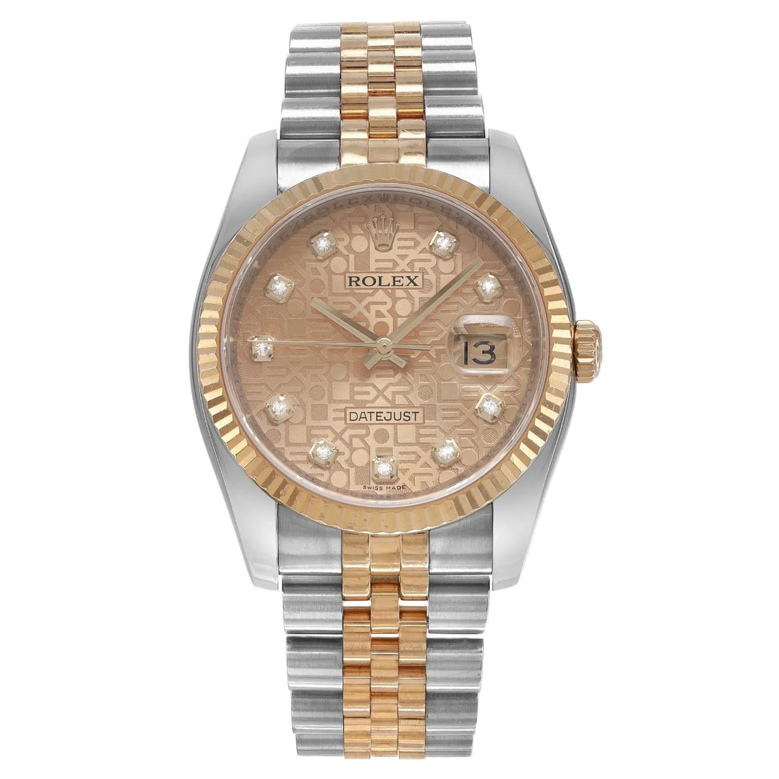 36mm Champagne Diamond Dial Rolex Datejust 116233 Two Tone Jubilee Bracelet Watch: 36mm Champagne Diamond Dial Rolex Datejust 116233 Two Tone Jubilee Bracelet Watch This Rolex Datejust 36 wristwatch features a polished stainless steel and 18K gold case with a fluted fixed bezel and 