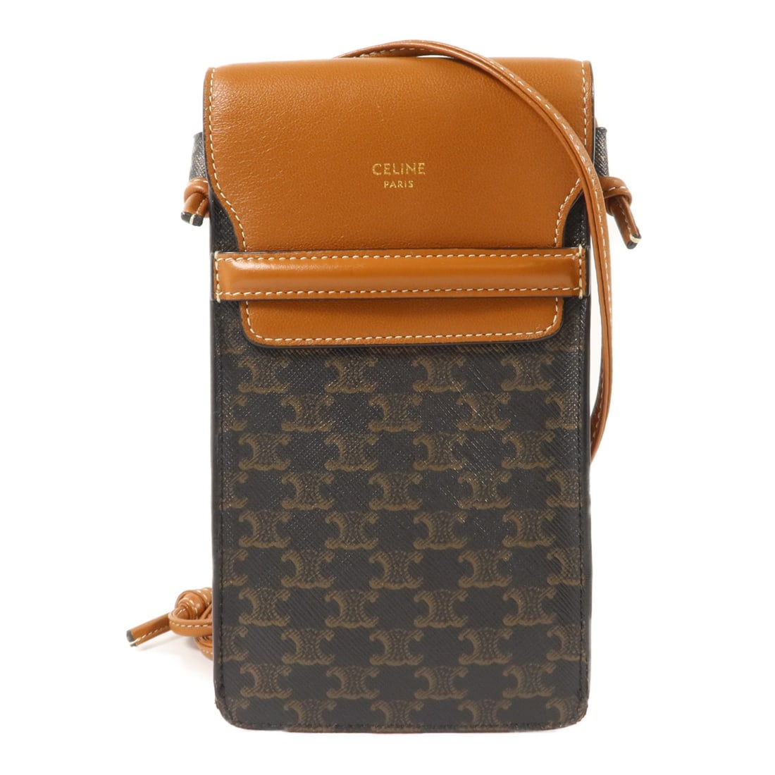 CELINE 10G332CQD Triomphe Phone Case Shoulder Bag Brown Lambskin: CELINE 10G332CQD Triomphe Phone Case Shoulder Bag Brown Lambskin CELINE Triomphe Phone Case Shoulder Bag in brown and black, made from PVC coated canvas with lambskin (sheep leather) trim. This should