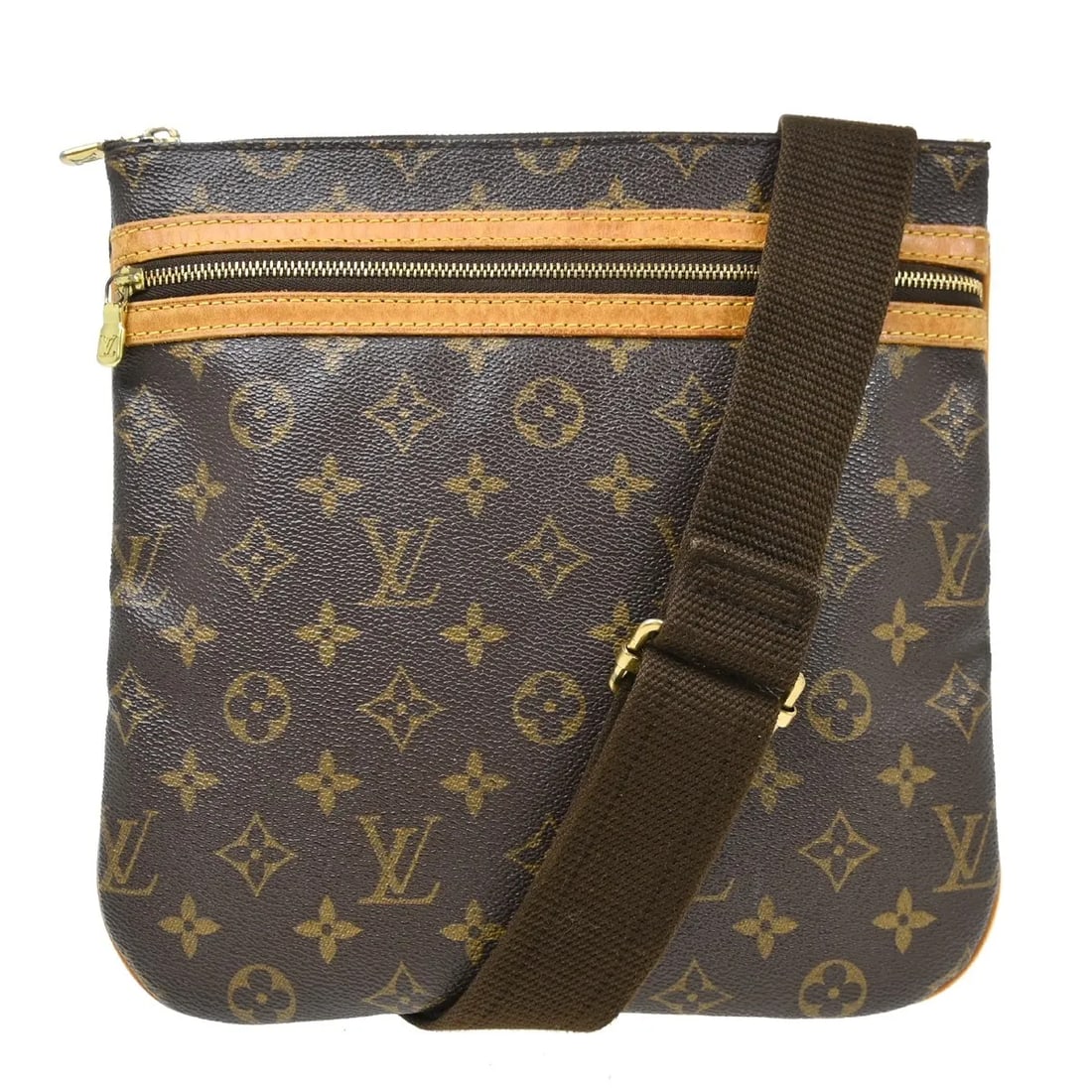 Louis Vuitton Bosphore Pochette Unisex Brown Canvas Bag: Louis Vuitton Bosphore Pochette Unisex Brown Canvas Bag Louis Vuitton Bosphore Pochette in brown monogram canvas. This unisex bag is in fair condition with visible wear throughout, including scuffs, s