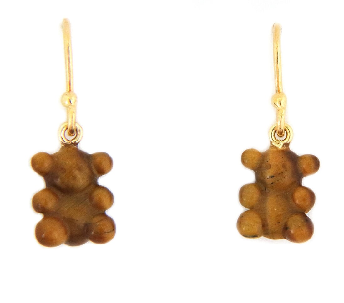 18k Yellow Gold Bear Motif Dangle Earrings with Tiger's Eye Pair: 18k Yellow Gold Bear Motif Dangle Earrings with Tiger's Eye Pair These vintage estate bear motif dangle earrings are crafted in 18k yellow gold and feature mini bear-shaped motifs carved from natural 