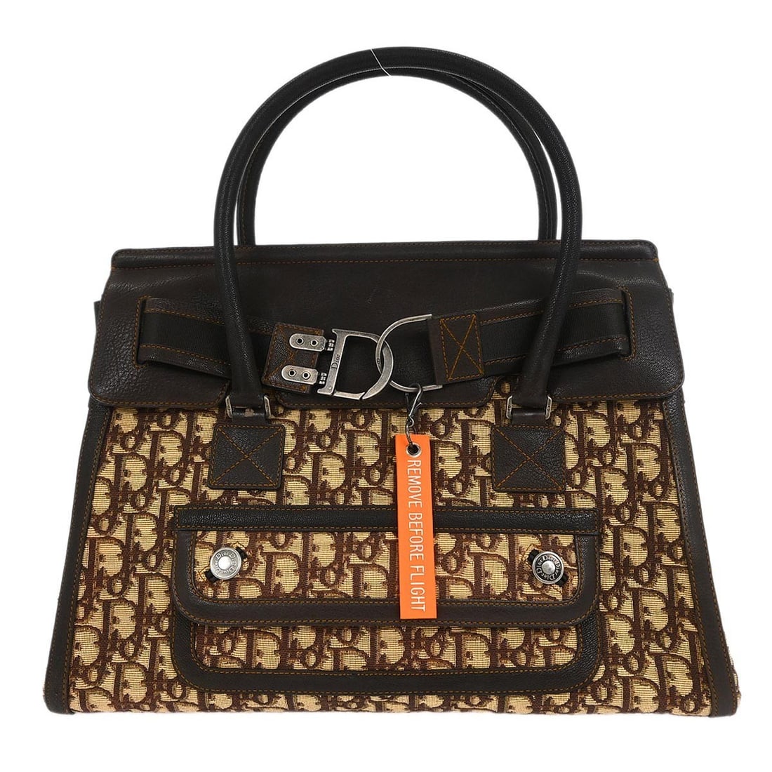 Dior Trotter Large Brown Denim Leather Handbag with Charm 01-MA-0046: Dior Trotter Large Brown Denim Leather Handbag with Charm 01-MA-0046 Christian Dior Trotter handbag in brown denim and leather with double handles and a magnetic closure. This large handbag features o