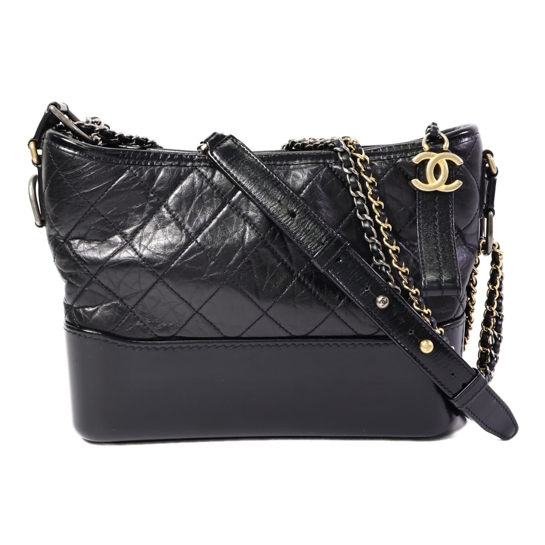 CHANEL Gabrielle Medium Black Calfskin Chain Shoulder Bag CC: CHANEL Gabrielle Medium Black Calfskin Chain Shoulder Bag CC A CHANEL CC Gabrielle medium chain shoulder bag in black calfskin leather. It features a black-on-black color scheme, a chain shoulder stra