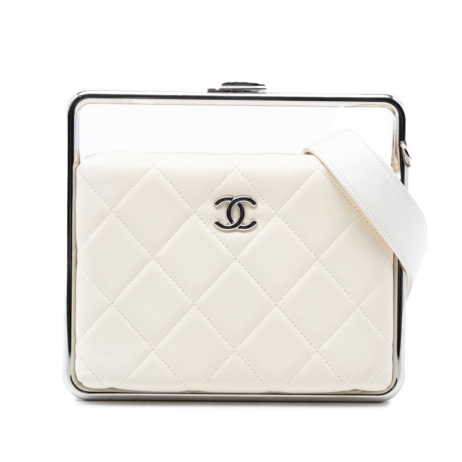 Chanel Convertible Clutch Quilted Lambskin with Metal Bar Handles: Chanel Convertible Clutch Quilted Lambskin with Metal Bar Handles This Chanel clutch features a quilted lambskin leather exterior in white, accented by metal bar handles with a kiss lock closure. It i