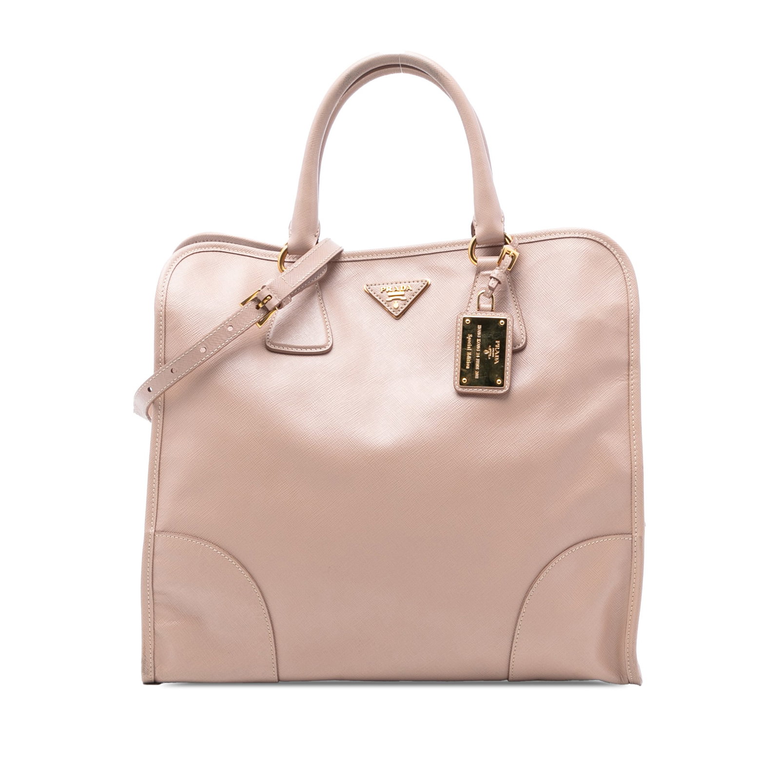 Prada Saffiano Lux Pink Leather Tote with Adjustable Strap: Prada Saffiano Lux Pink Leather Tote with Adjustable Strap This Prada Saffiano Lux Shopping Tote is crafted from saffiano leather with leather trim, featuring rolled leather handles, a detachable and 