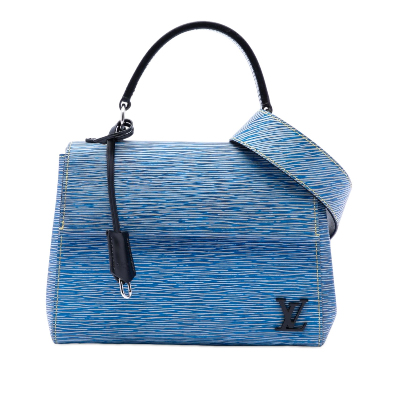 Louis Vuitton Cluny BB Epi Denim Blue Leather Bag: Louis Vuitton Cluny BB Epi Denim Blue Leather Bag This Louis Vuitton Epi Denim Cluny BB features a structured blue epi leather body, a flat leather top handle, and a detachable flat leather strap. The