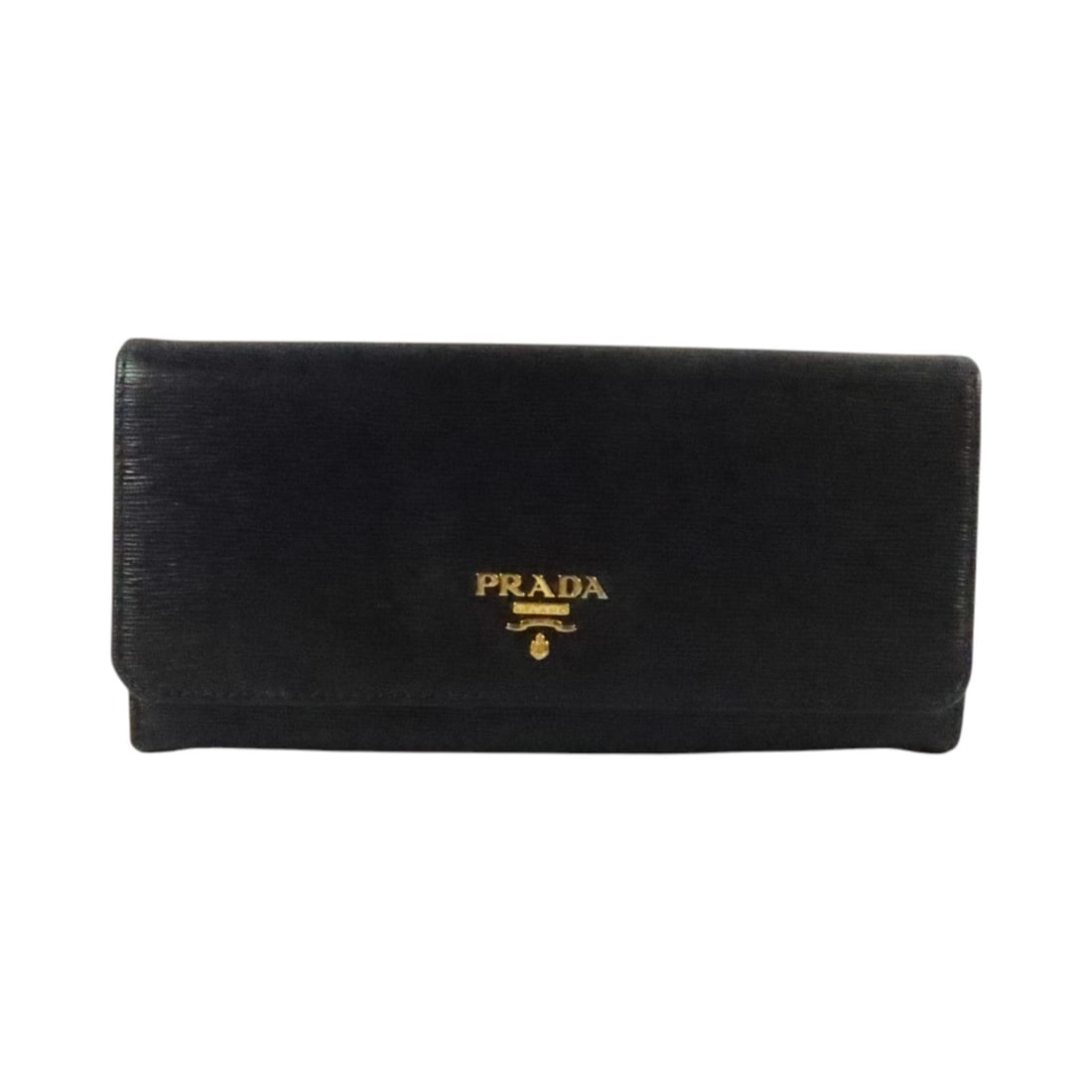 PRADA 1MH132 Saffiano Leather Long Wallet Black Double Sided: PRADA 1MH132 Saffiano Leather Long Wallet Black Double Sided Double-sided long wallet in black Saffiano leather with a hook button closure. It features two wallet sections, four open pockets, two coin