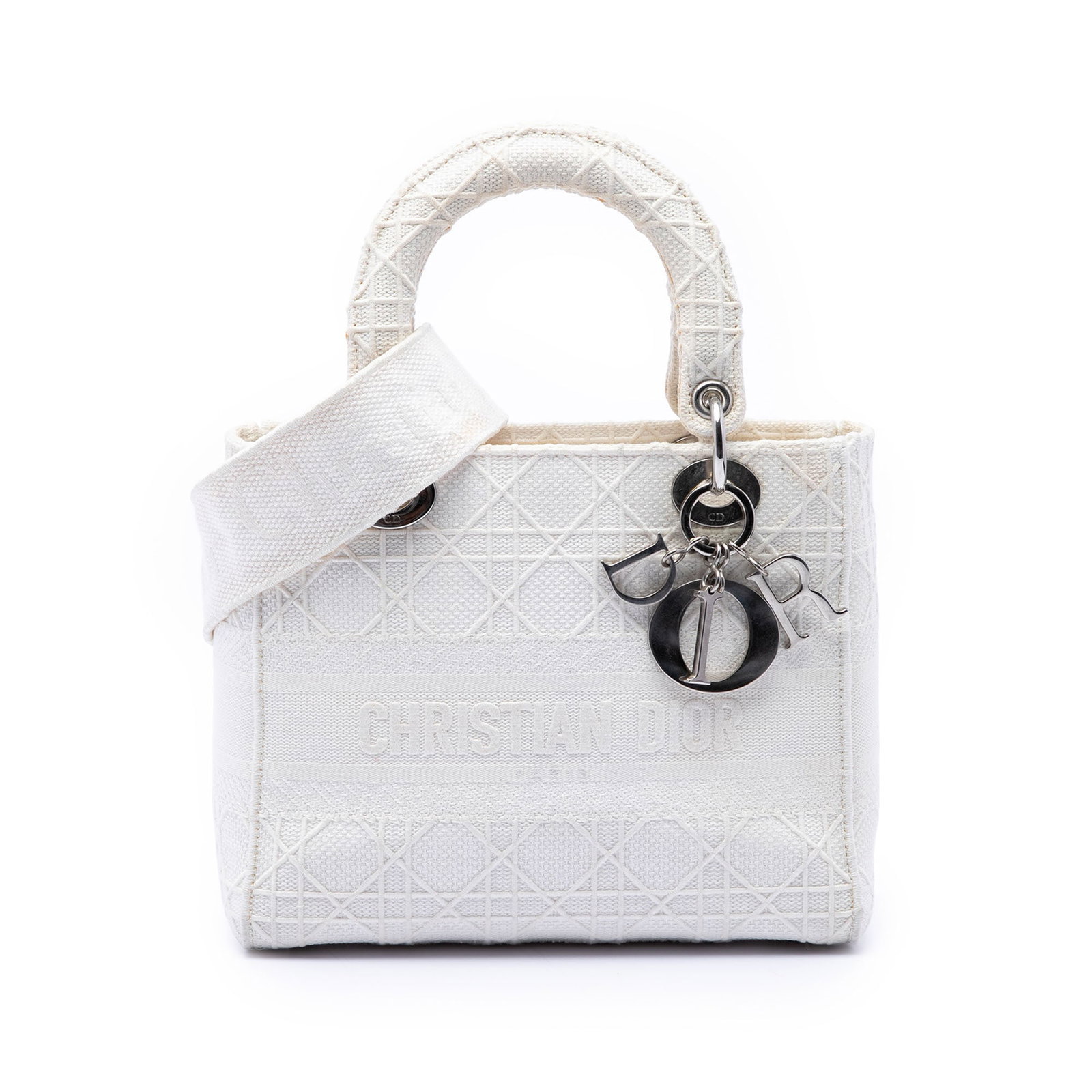 Dior Lady D Lite Medium Cannage Canvas Handbag White: Dior Lady D Lite Medium Cannage Canvas Handbag White Medium Canvas Cannage Lady D Lite bag in white fabric with a canvas body. It features flat handles, a detachable flat shoulder strap, a fold-in fla