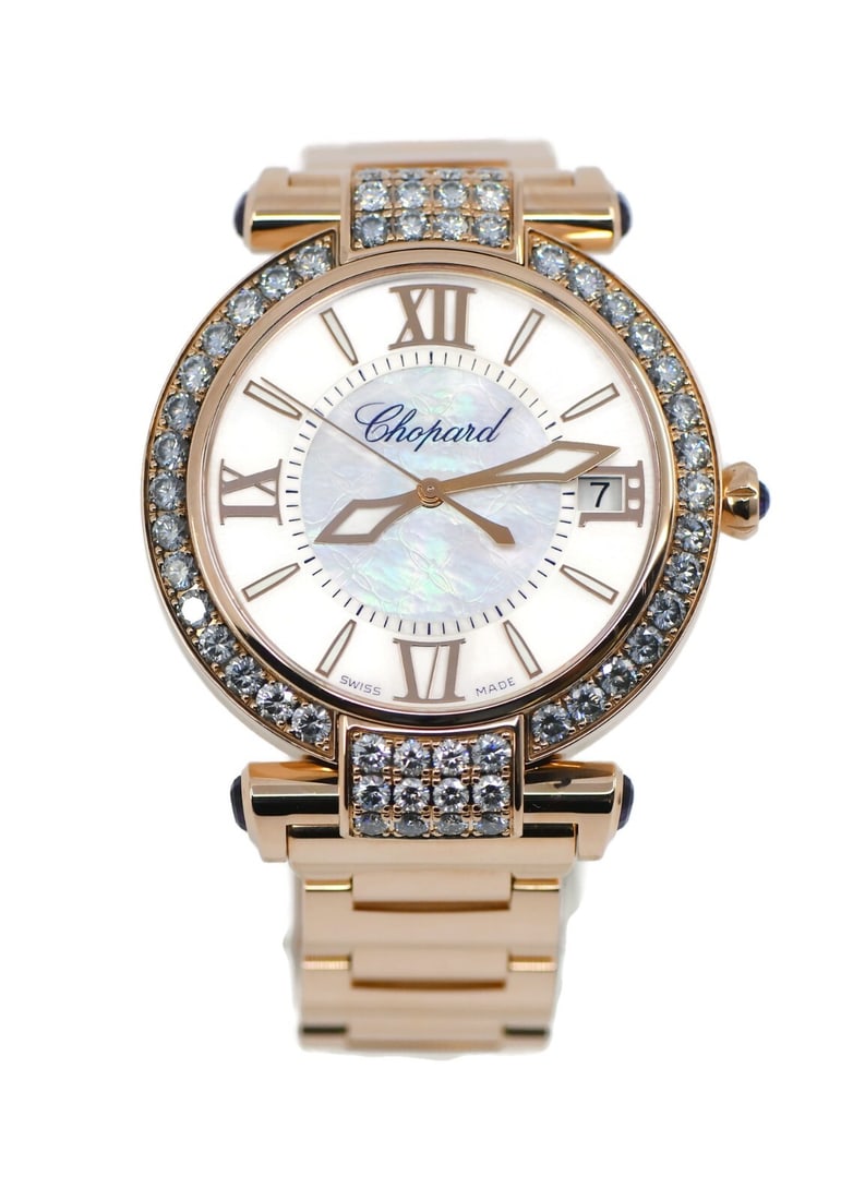 Chopard Imperiale 18K Rose Gold Diamond Watch 384241 Authentic Boxed: Chopard Imperiale 18K Rose Gold Diamond Watch 384241 Authentic Boxed This exquisite Chopard Imperiale Diamond wristwatch combines luxury and elegance, featuring a stunning 18K rose gold case and band.