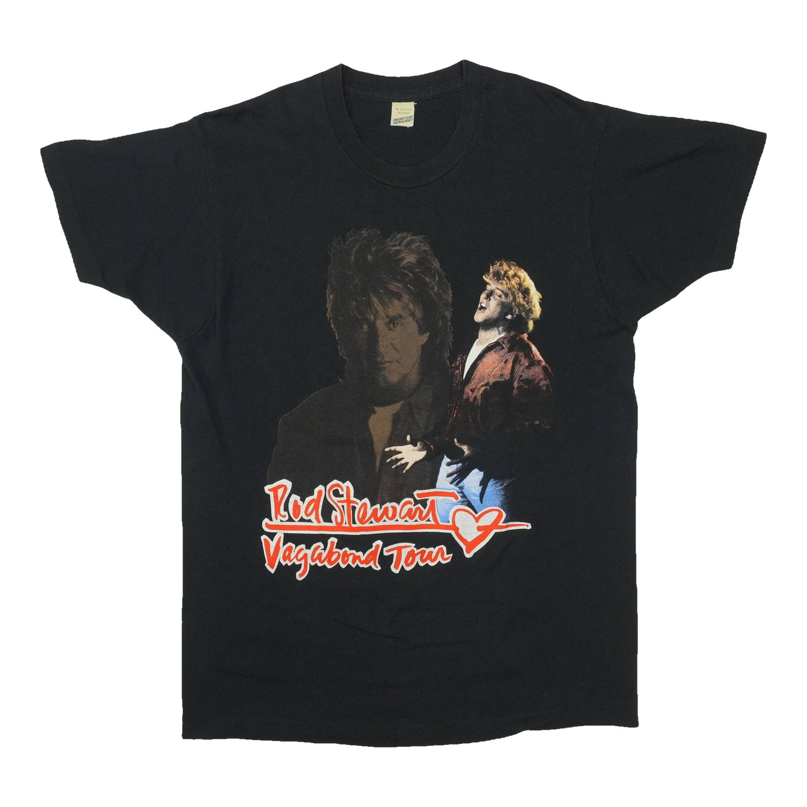 Black 1991 Rod Stewart Vagabond Tour Cotton T Shirt XL: Black 1991 Rod Stewart Vagabond Tour Cotton T Shirt XL Original vintage 1991 Rod Stewart Vagabond Tour shirt in black, made from 100% cotton. It is a true vintage shirt, not a modern reproduction, and