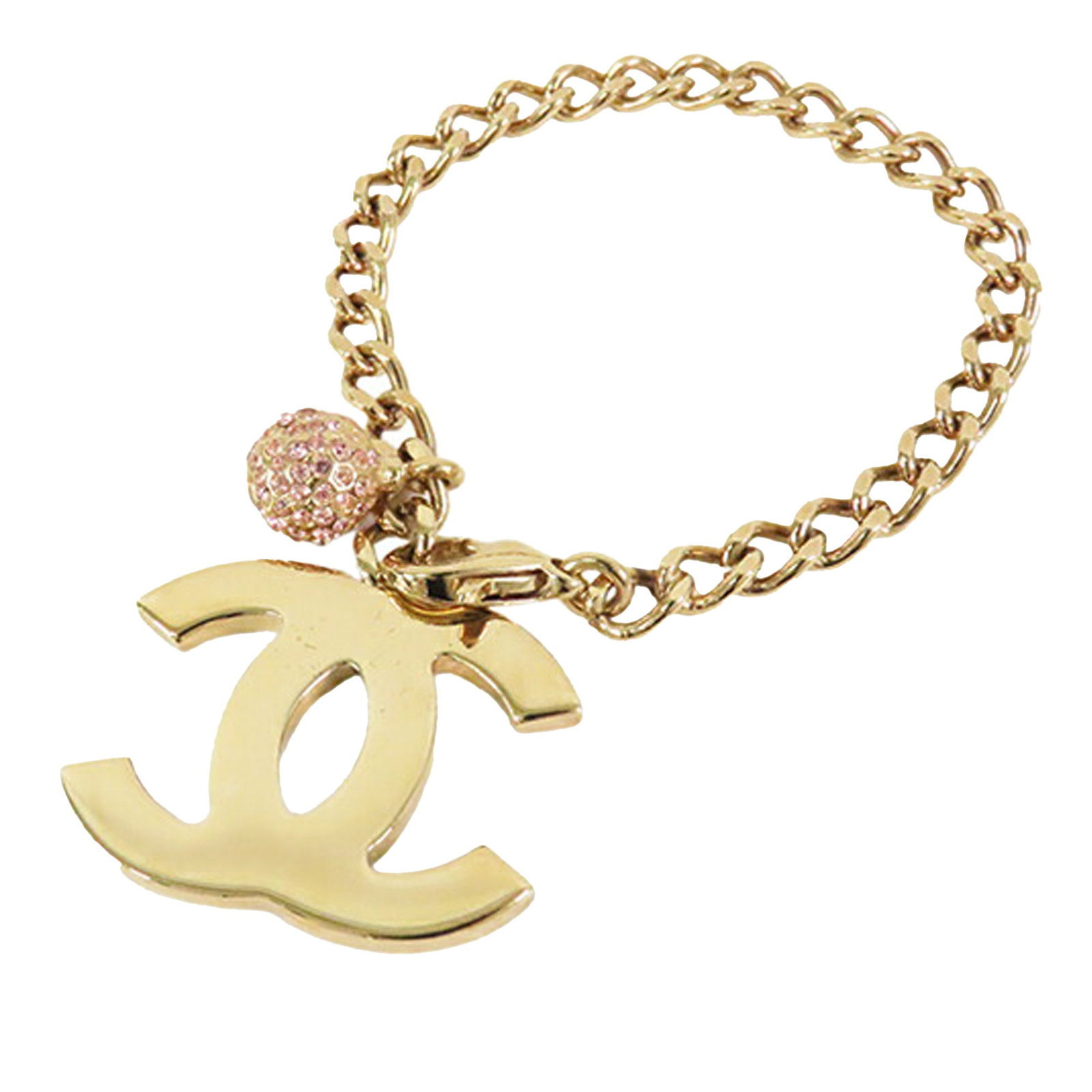 Chanel Gold Plated CC Charm Bracelet with Rhinestones: Chanel Gold Plated CC Charm Bracelet with Rhinestones Elevate your accessory collection with this stunning Chanel Gold Plated CC Rhinestones Charm Bracelet. This exquisite piece features a luxurious g
