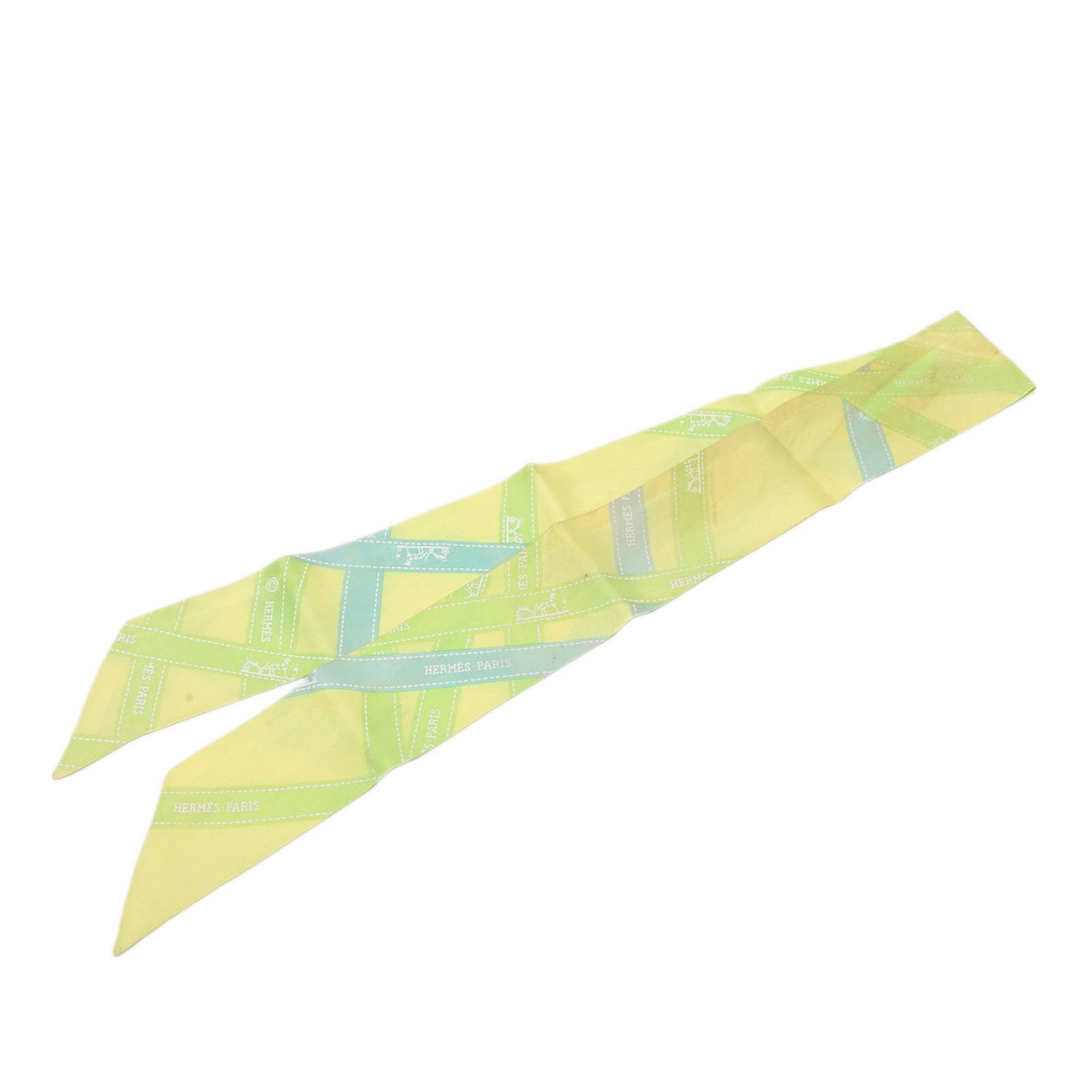 Hermes Bolduc Twilly Silk Scarf Yellow France: Hermes Bolduc Twilly Silk Scarf Yellow France Hermes Bolduc Silk Twilly Scarf in yellow, featuring the Bolduc print on 100% silk. Made in France, this accessory is presented in B+ condition with noted