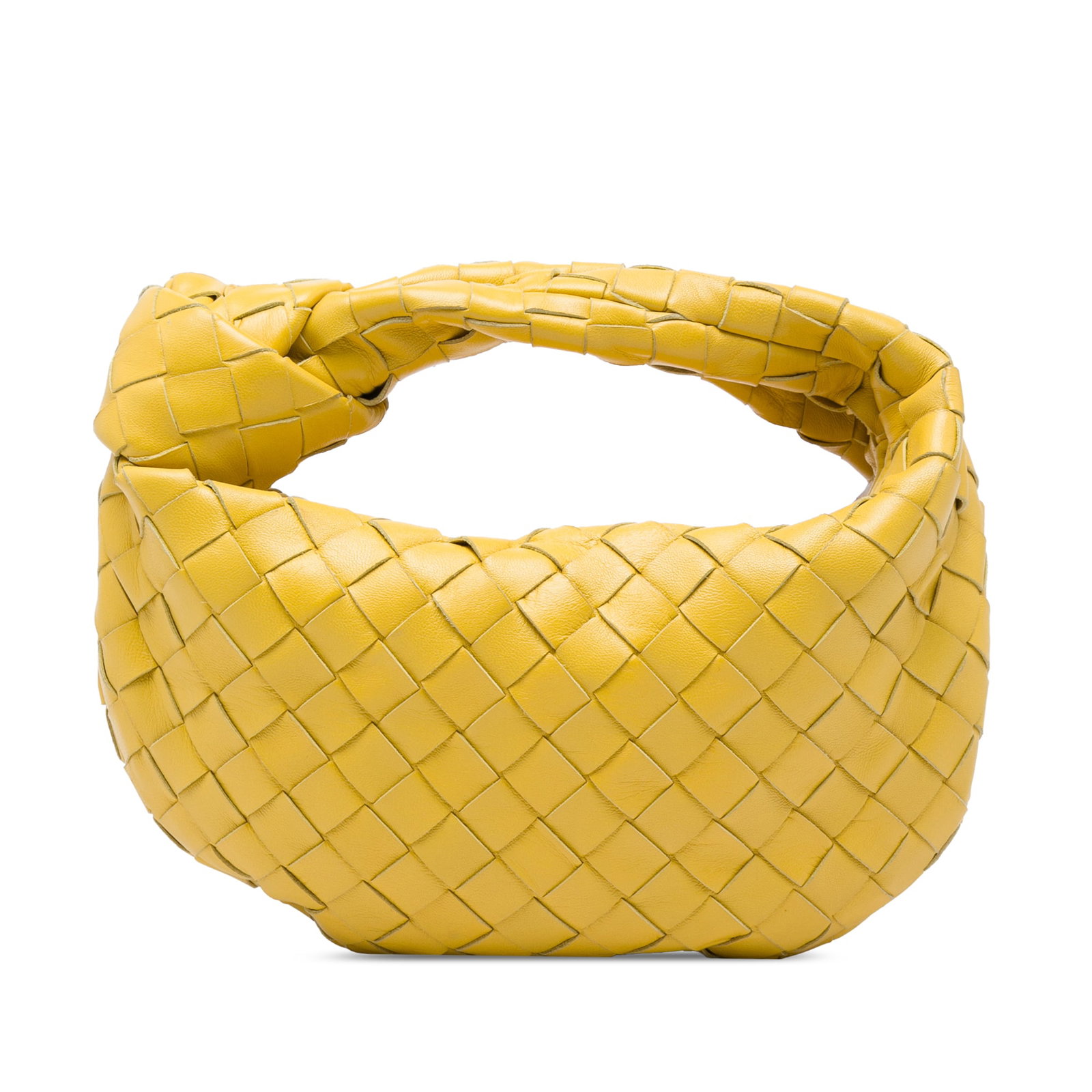 Yellow Leather Hobo Bag Bottega Veneta Mini Nappa Intrecciato Jodie: Yellow Leather Hobo Bag Bottega Veneta Mini Nappa Intrecciato Jodie The Bottega Veneta Mini Nappa Intrecciato Jodie is a mini bag made in Italy with a woven leather body, a knotted woven leather handl