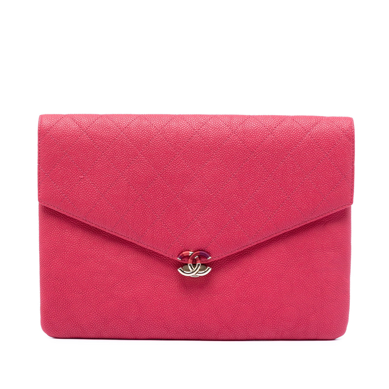 Chanel Pink Quilted Caviar Envelope Clutch: Chanel Pink Quilted Caviar Envelope Clutch This Chanel Paris Cuba Envelope Clutch features a quilted caviar leather body in pink and a front flap with a push lock closure. The exterior corners have be