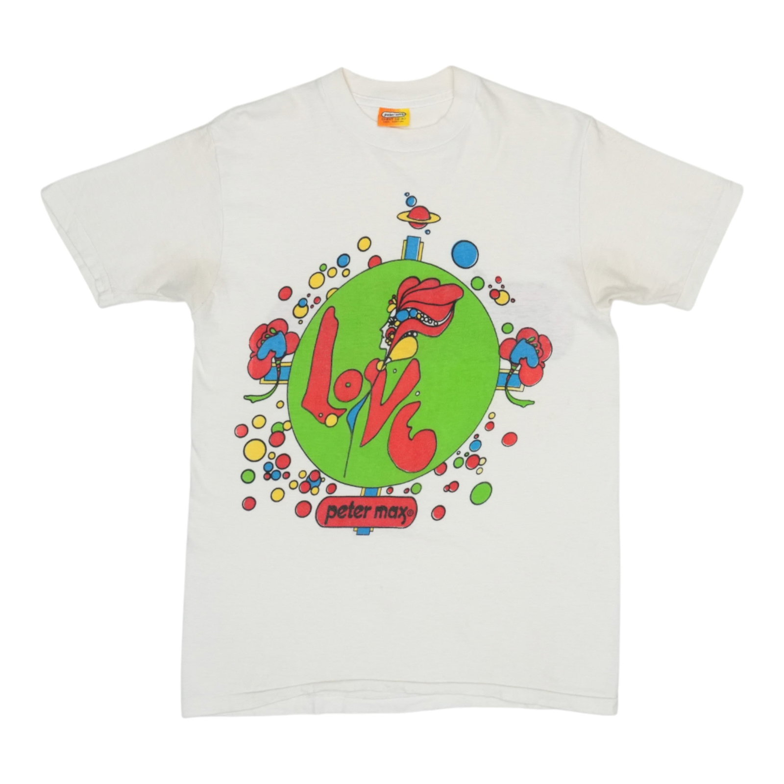 Vintage 1970s Peter Max Love Graphic Cotton Tan Shirt: Vintage 1970s Peter Max Love Graphic Cotton Tan Shirt This is an original vintage 1970s Peter Max Love Shirt featuring graphic designs on both the front and back. Made from 100% cotton, the shirt is t