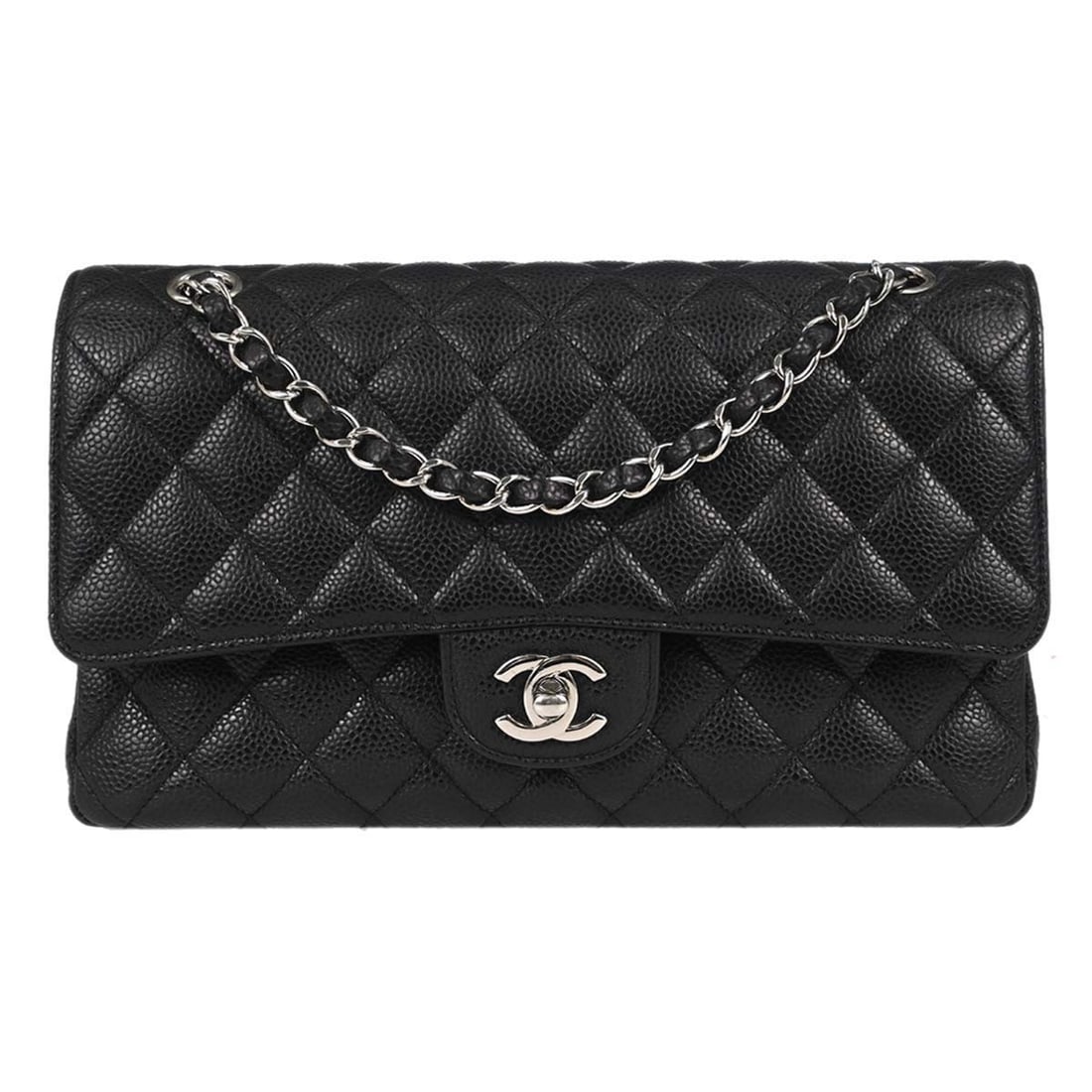 CHANEL Classic Double Flap Medium Black Caviar Shoulder Bag: CHANEL Classic Double Flap Medium Black Caviar Shoulder Bag Chanel Classic Double Flap medium shoulder bag in black caviar skin leather with a matelasse pattern and turnlock closure. This women's shou