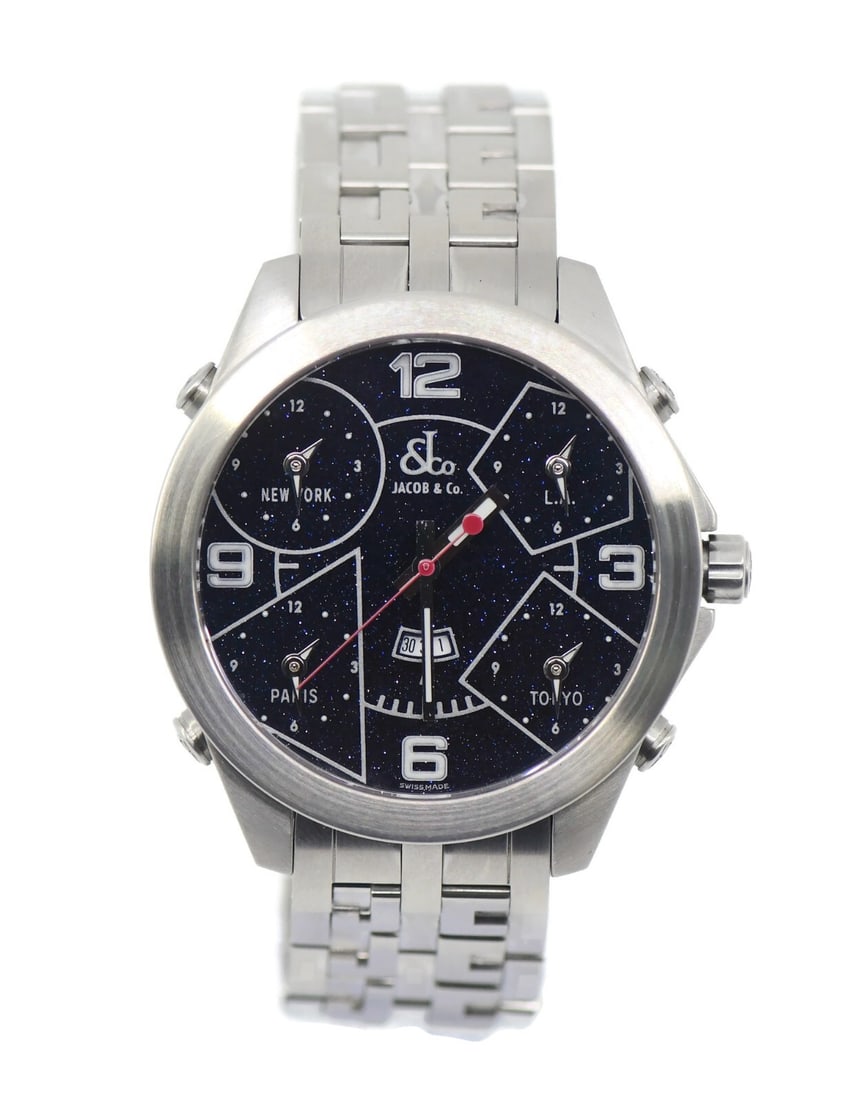 Jacob & Co 5 Time Zone Quartz Stainless Steel Watch with Box and Papers: Jacob & Co 5 Time Zone Quartz Stainless Steel Watch with Box and Papers This Jacob & Co. 5 Timezone Stainless Steel Watch is a stunning wristwatch designed for those who appreciate luxury and function