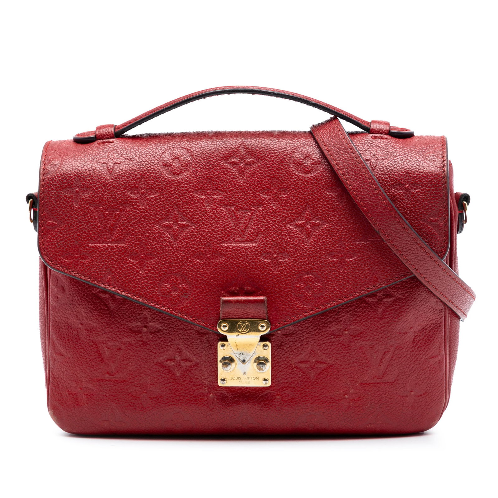 Louis Vuitton Pochette Metis Monogram Empreinte Leather Bag: Louis Vuitton Pochette Metis Monogram Empreinte Leather Bag This Louis Vuitton Monogram Empreinte Pochette Metis is crafted from embossed leather in a rich red hue. It features a flat top handle, a de