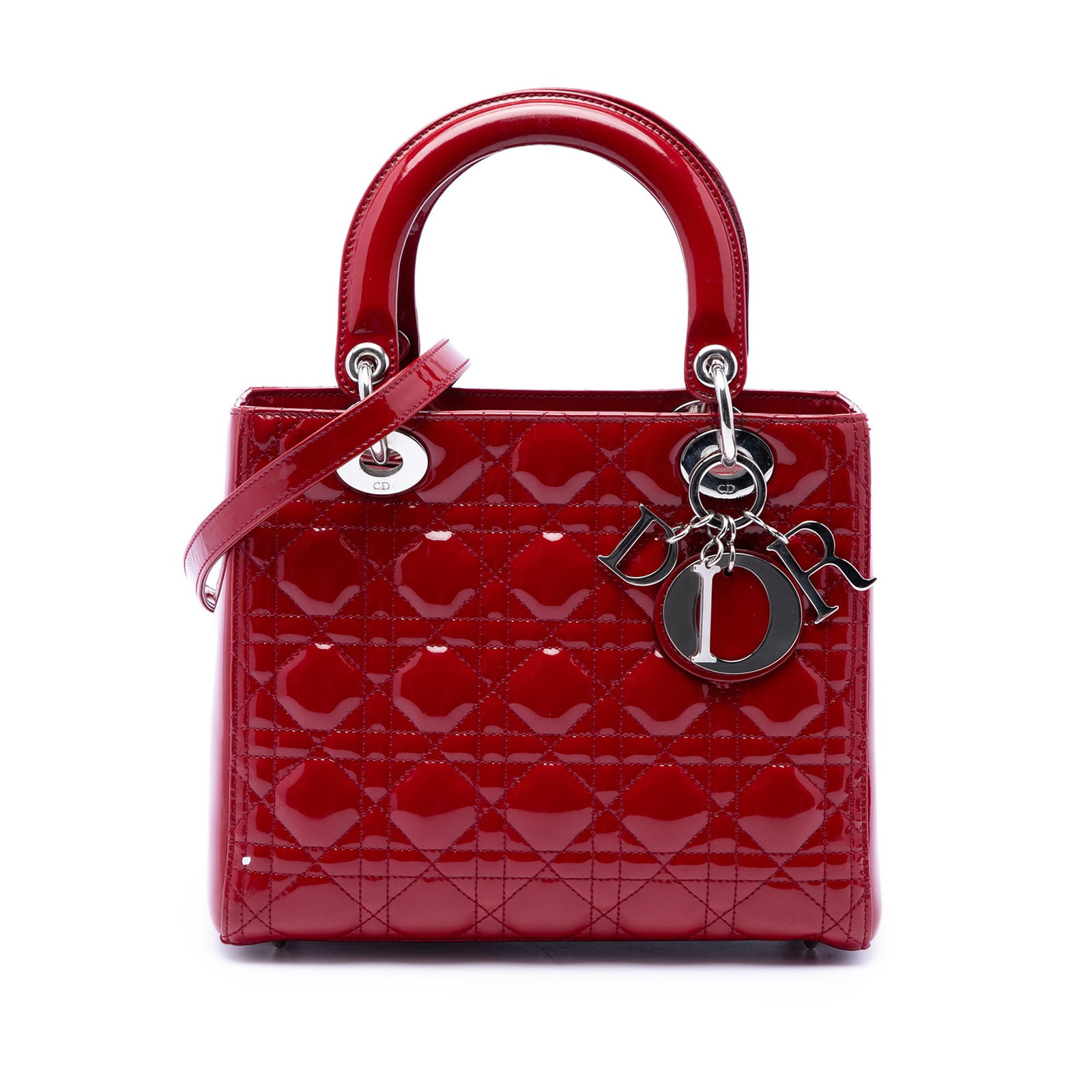 Dior Lady Dior Medium Red Patent Leather Handbag: Dior Lady Dior Medium Red Patent Leather Handbag This Medium Patent Cannage Lady Dior bag features a quilted patent leather body in red, with flat leather top handles and a detachable flat leather str