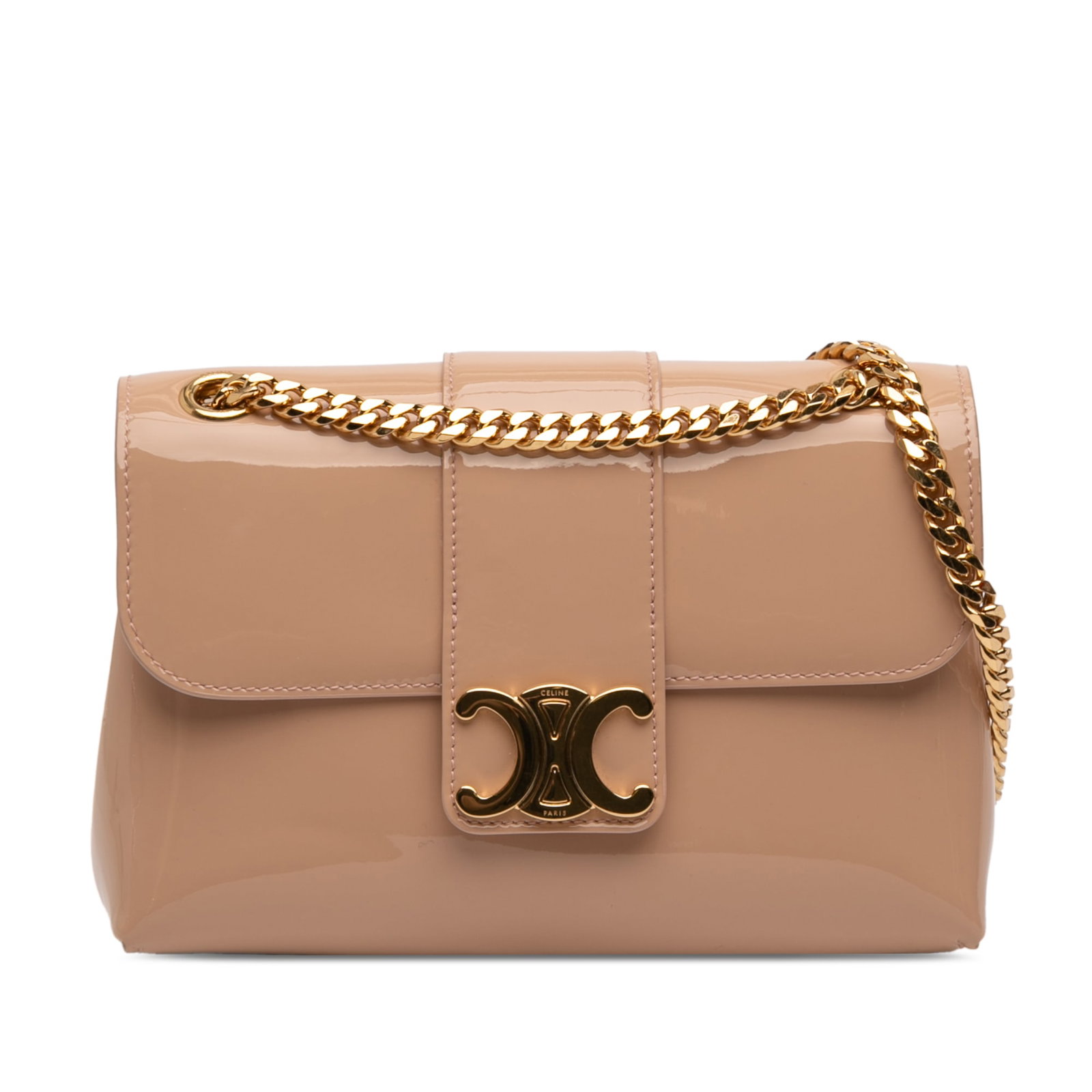 Celine Victoire Teen Patent Chain Shoulder Bag: Celine Victoire Teen Patent Chain Shoulder Bag This Celine Teen Patent Triomphe Victoire Chain Shoulder Bag features a brown patent leather body with a distinctive curb chain link shoulder strap. The 