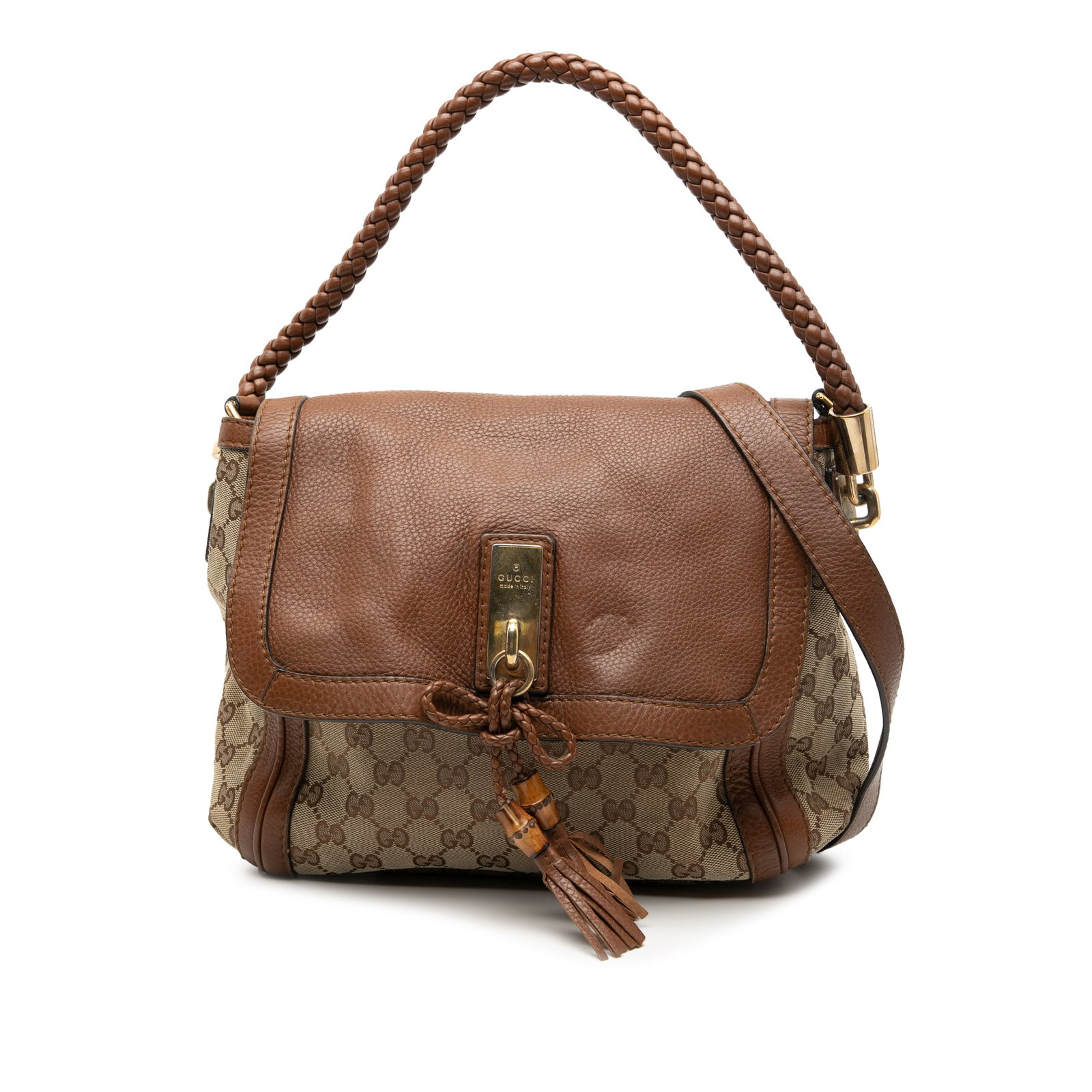 Gucci Bella GG Canvas Flap Satchel with Braided Leather Handle: Gucci Bella GG Canvas Flap Satchel with Braided Leather Handle This Gucci GG Canvas Bella Flap Satchel features a brown canvas body with leather trim, a braided leather handle, and a detachable flat l