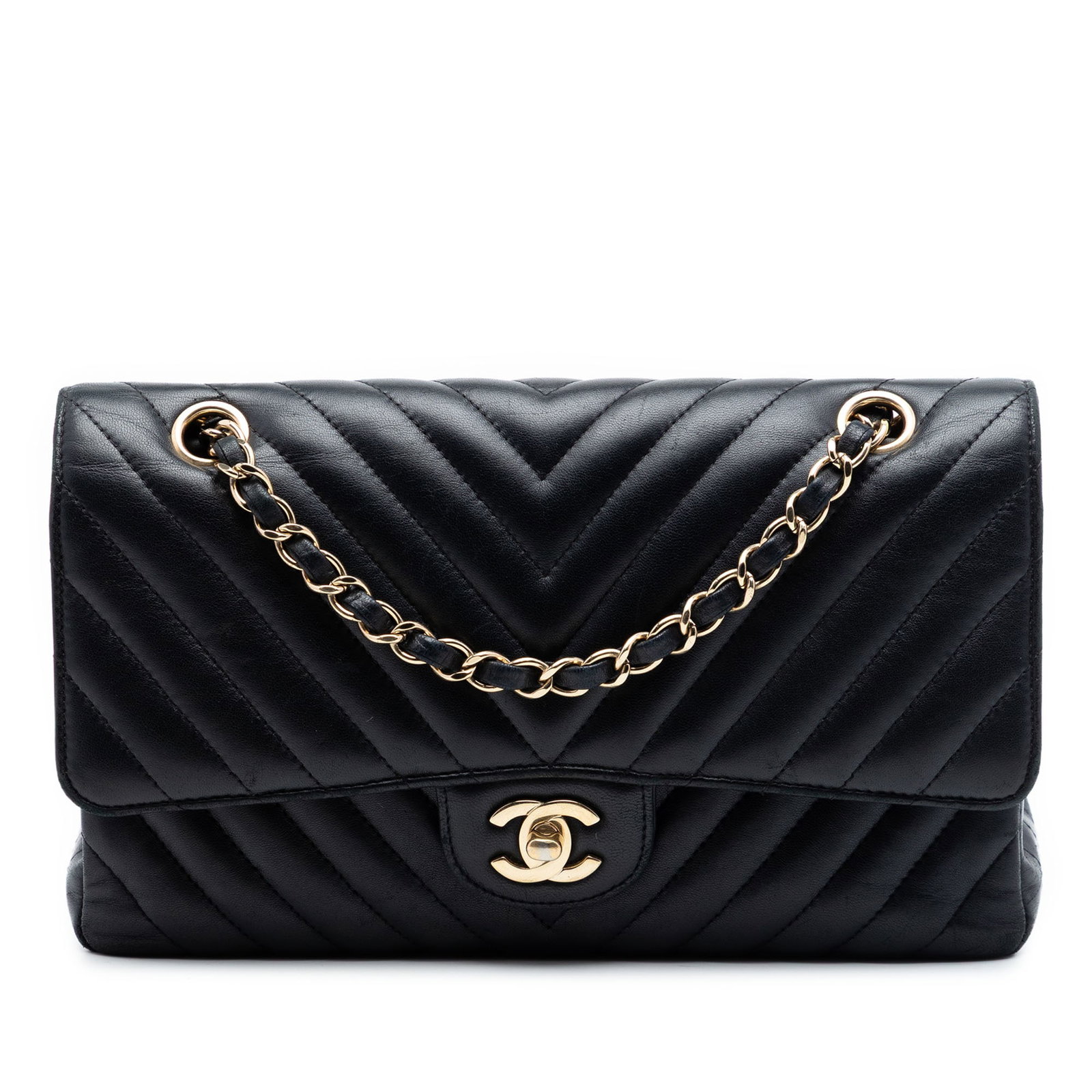 Chanel Medium Classic Chevron Double Flap Shoulder Bag Black Leather: Chanel Medium Classic Chevron Double Flap Shoulder Bag Black Leather Medium Classic Chevron Lambskin Double Flap shoulder bag in black lambskin leather. This bag features a leather-woven chain shoulde
