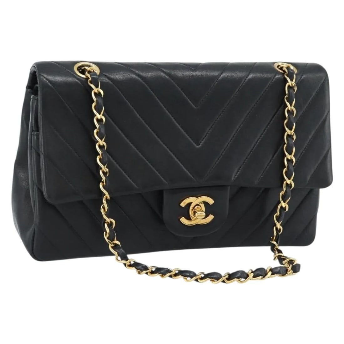 Chanel Timeless Classic Double Flap Chevron Calfskin Shoulder Bag: Chanel Timeless Classic Double Flap Chevron Calfskin Shoulder Bag Chanel Timeless - Classic Double Flap Chevron Calfskin shoulder bag in black, presented in good pre-owned condition. The exterior is w