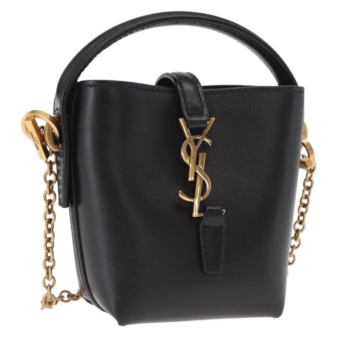 SAINT LAURENT Micro Hand Bag Leather Black Gold Auth ARS778258.1223: SAINT LAURENT Micro Hand Bag Leather Black Gold Auth ARS778258.1223 Introducing the exquisite SAINT LAURENT Micro Hand Bag, crafted in Italy from high-quality leather. This stylish bag features a slee