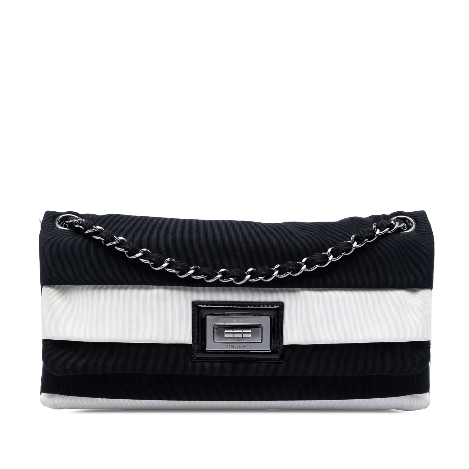 Chanel Reissue 2.55 Single Flap Striped Canvas Shoulder Bag: Chanel Reissue 2.55 Single Flap Striped Canvas Shoulder Bag Shoulder bag with a canvas body and fabric woven chain link shoulder straps. It features a front flap with twist lock closure and an interio